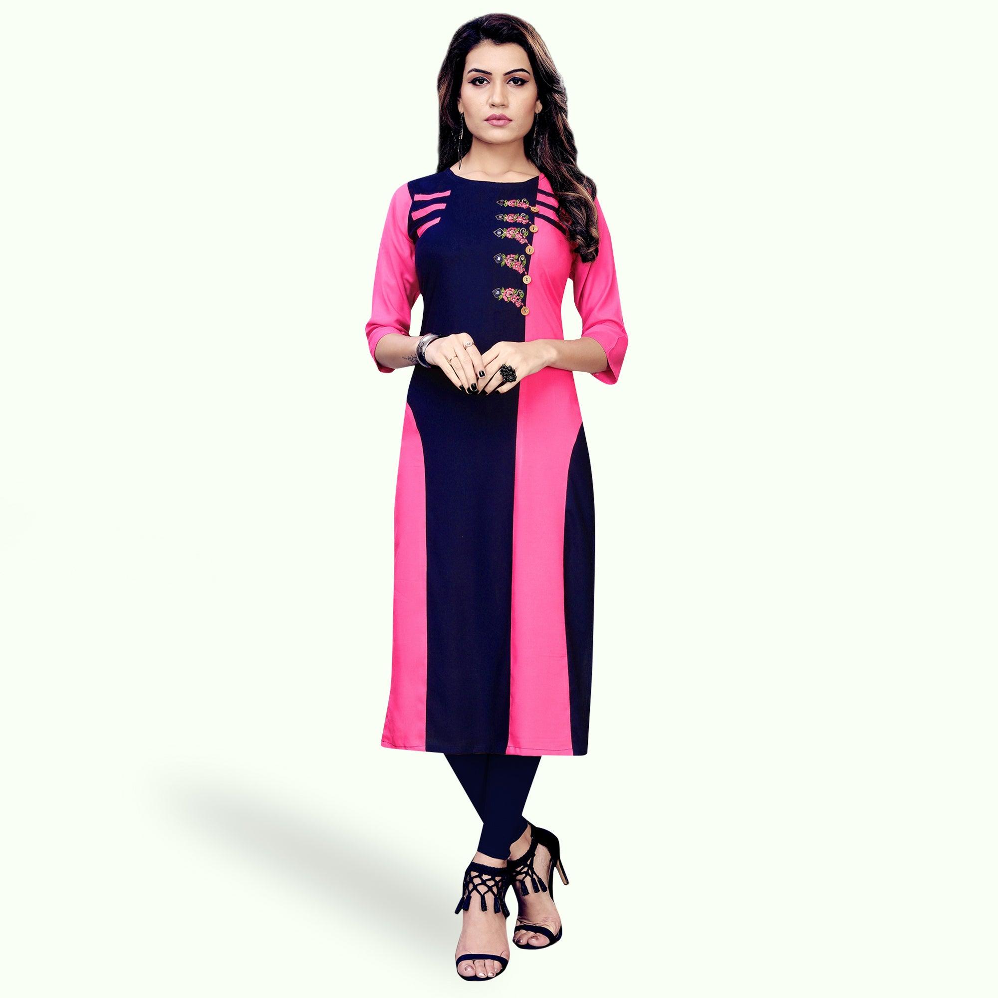 Sensational Pink-Navy Blue Colored Partywear Embroidered Rayon Kurti - Peachmode