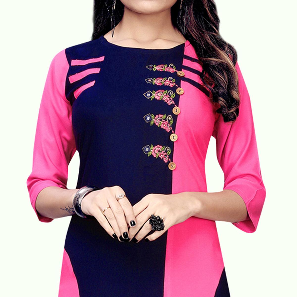 Sensational Pink-Navy Blue Colored Partywear Embroidered Rayon Kurti - Peachmode