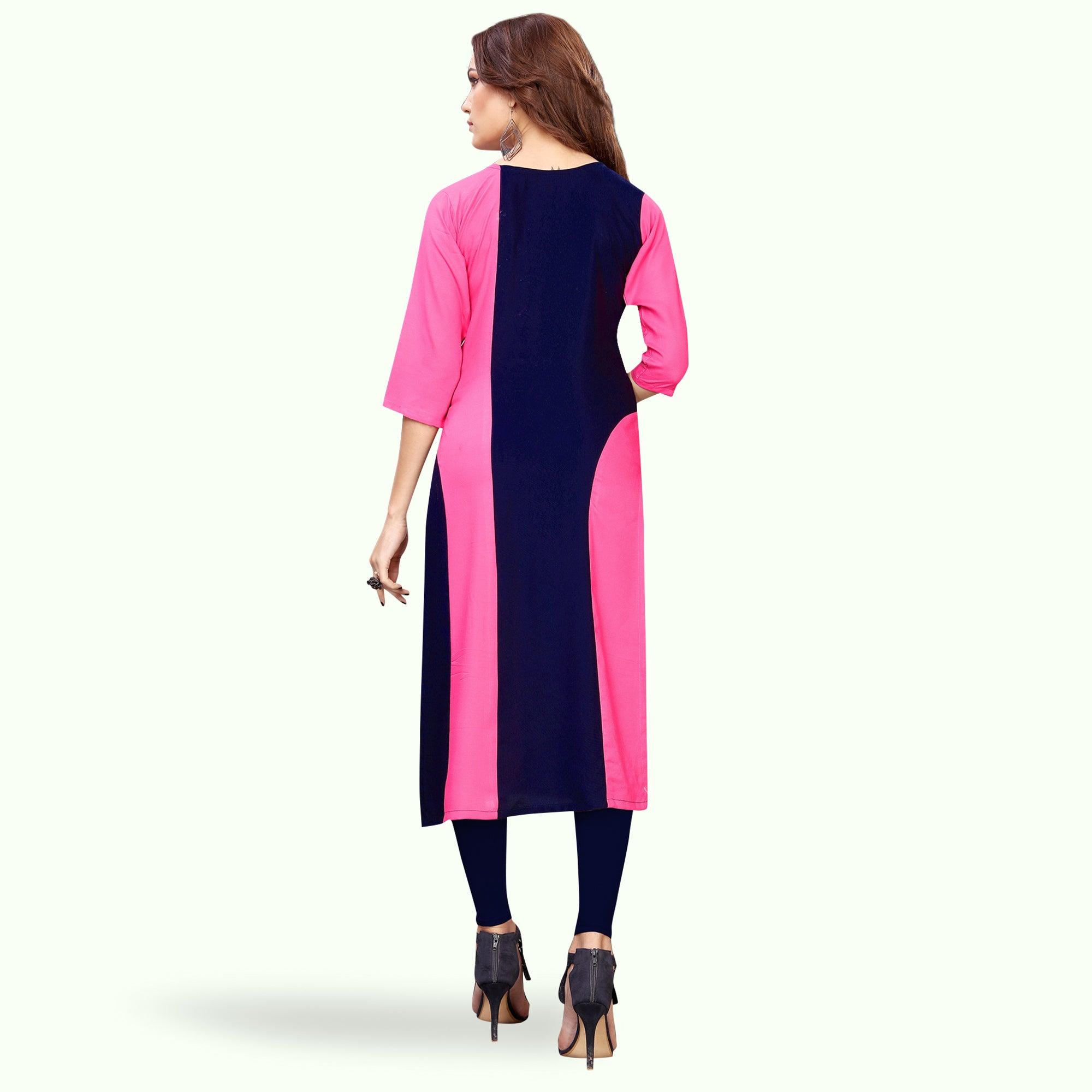 Sensational Pink-Navy Blue Colored Partywear Embroidered Rayon Kurti - Peachmode