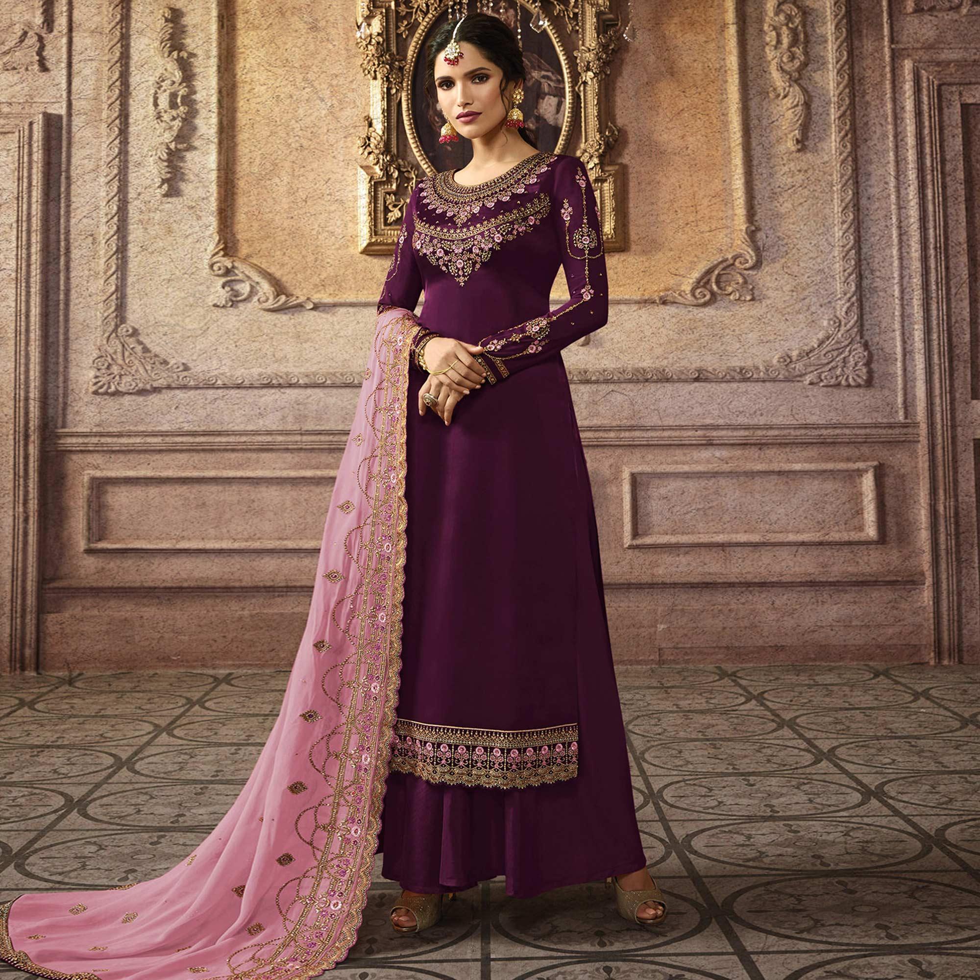 Sensational Purple Colored Partywear Embroidered Faux Georgette Palazzo Suit - Peachmode