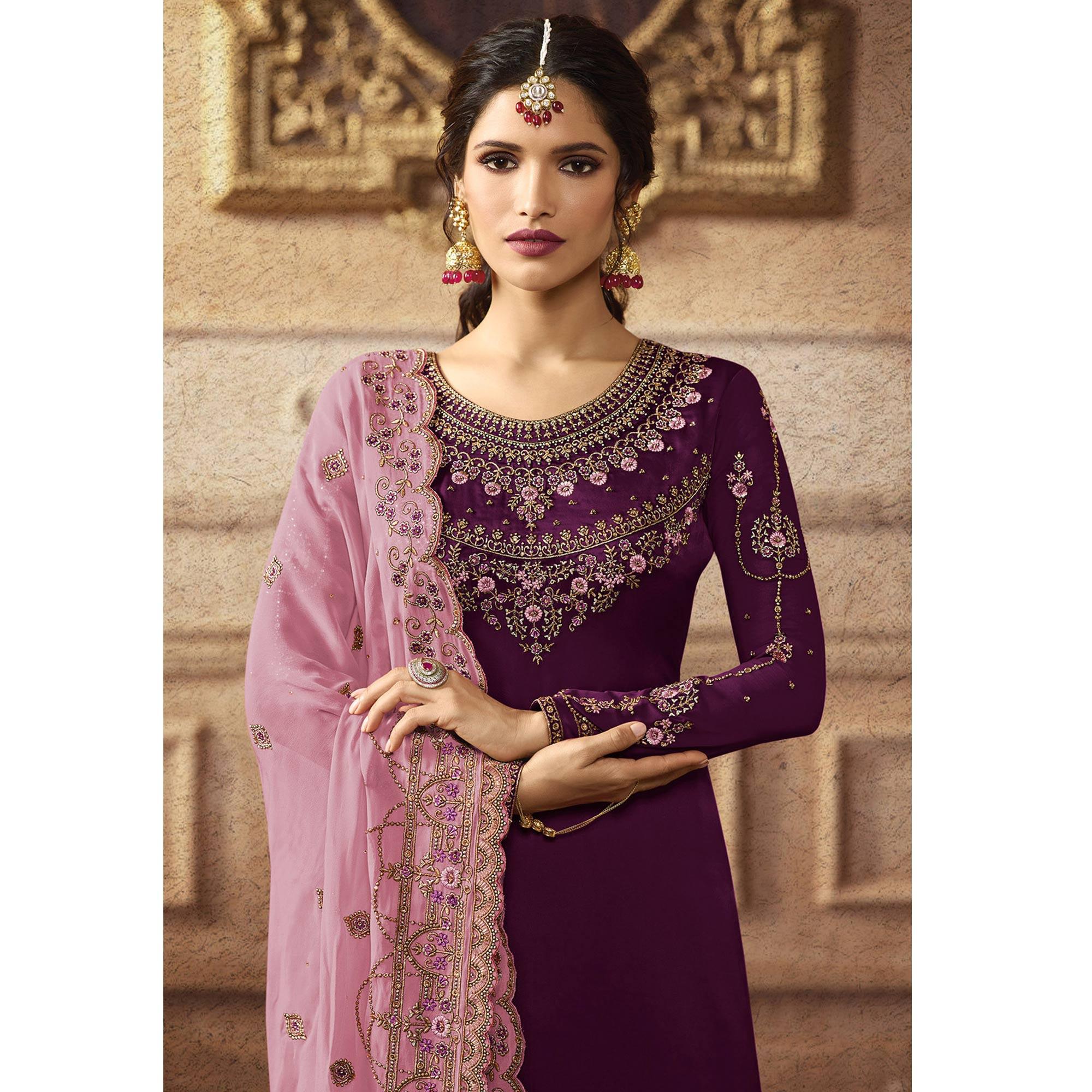 Sensational Purple Colored Partywear Embroidered Faux Georgette Palazzo Suit - Peachmode