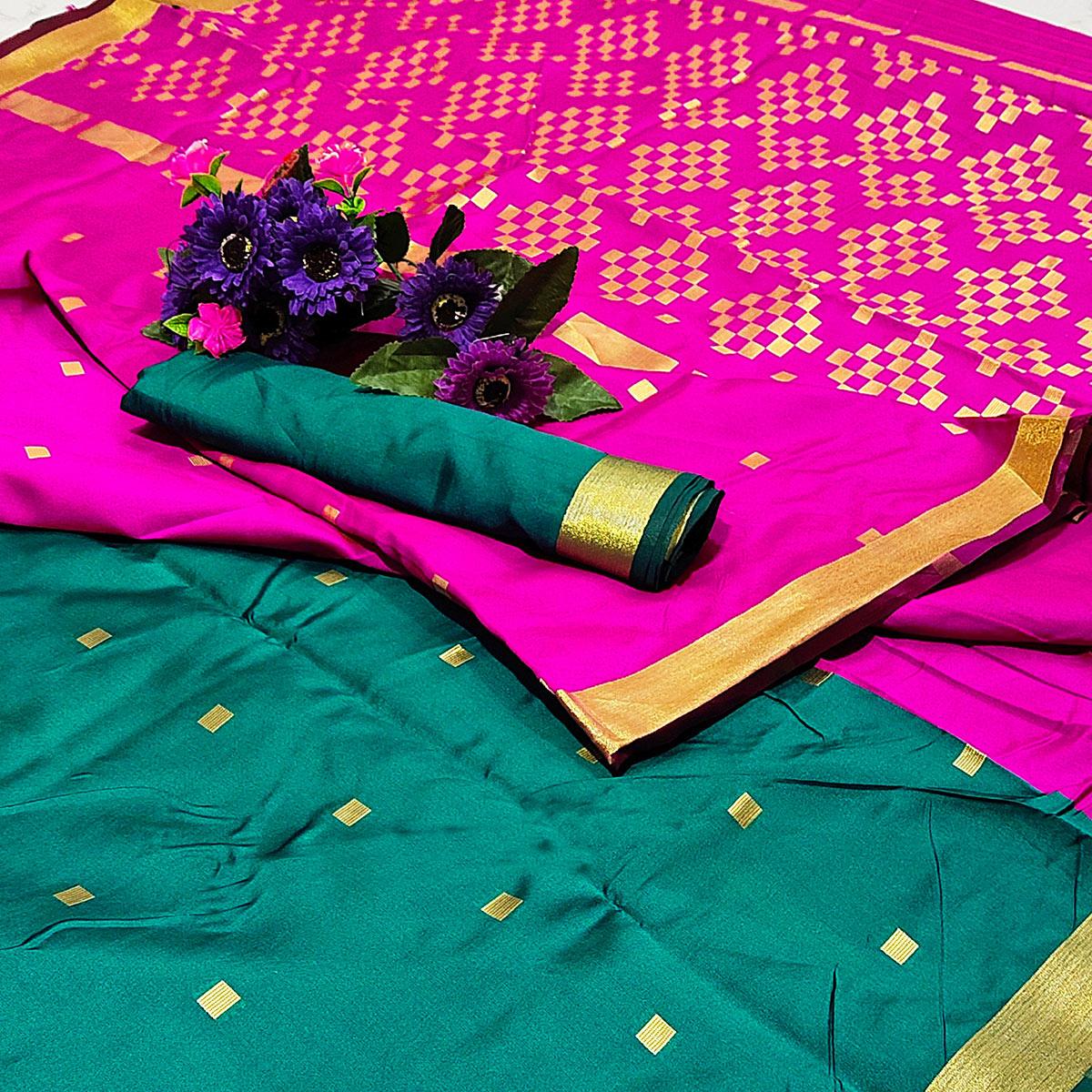 Sensational Rama Green Colored Festive Wear Woven Soft Silk Saree - Peachmode