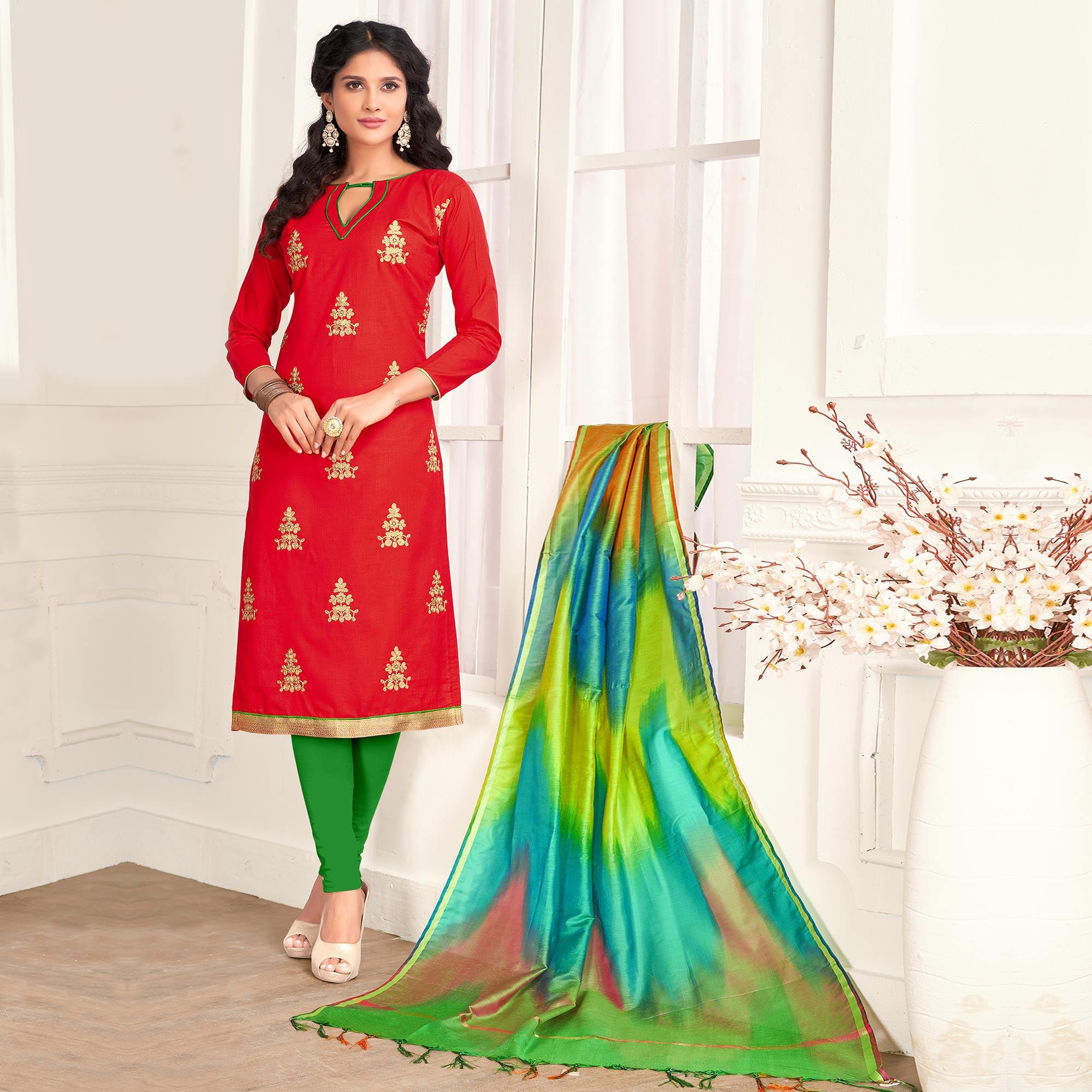Sensational Red Colored Casual Wear Embroidered Salwar Suit - Peachmode