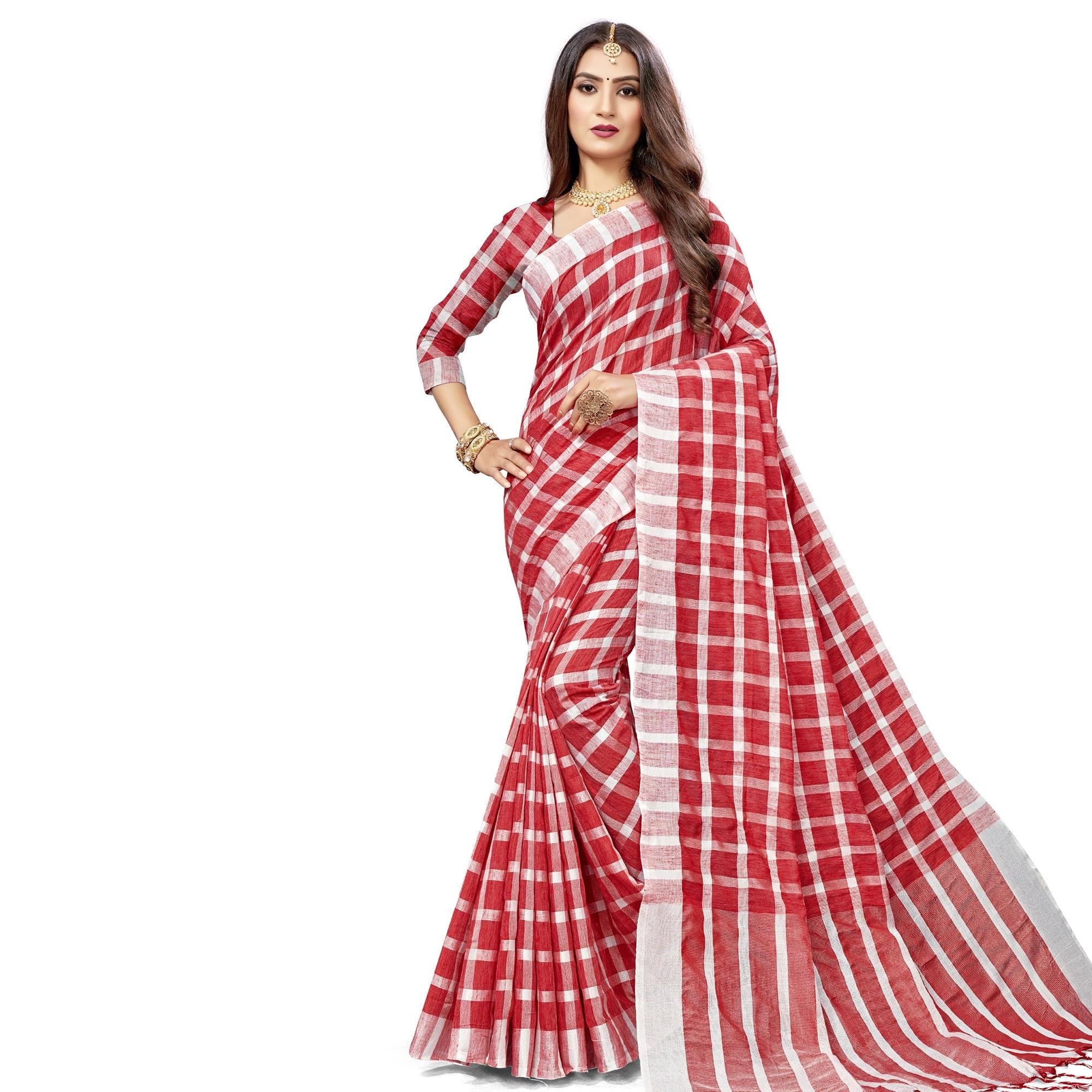 Sensational Red Colored Fesive Wear Checks Print Cotton Silk Saree With Tassels - Peachmode
