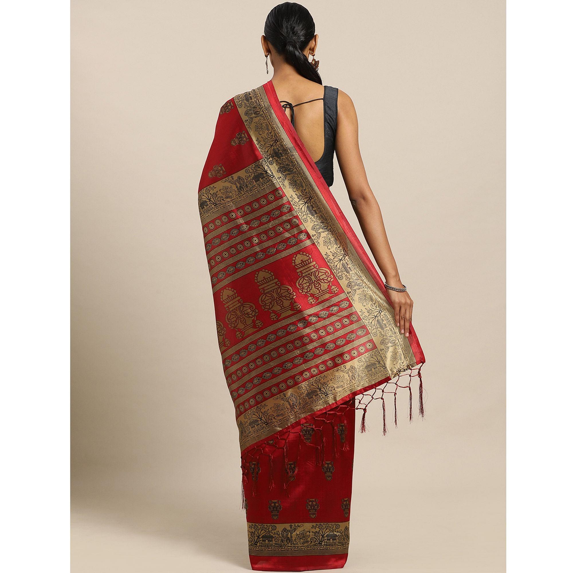 Sensational Red Colored Festive Wear Printed Poly Silk Saree - Peachmode