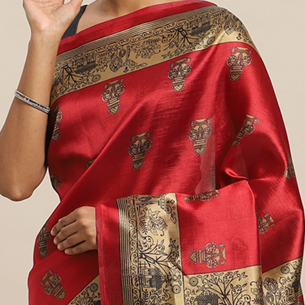 Sensational Red Colored Festive Wear Printed Poly Silk Saree - Peachmode