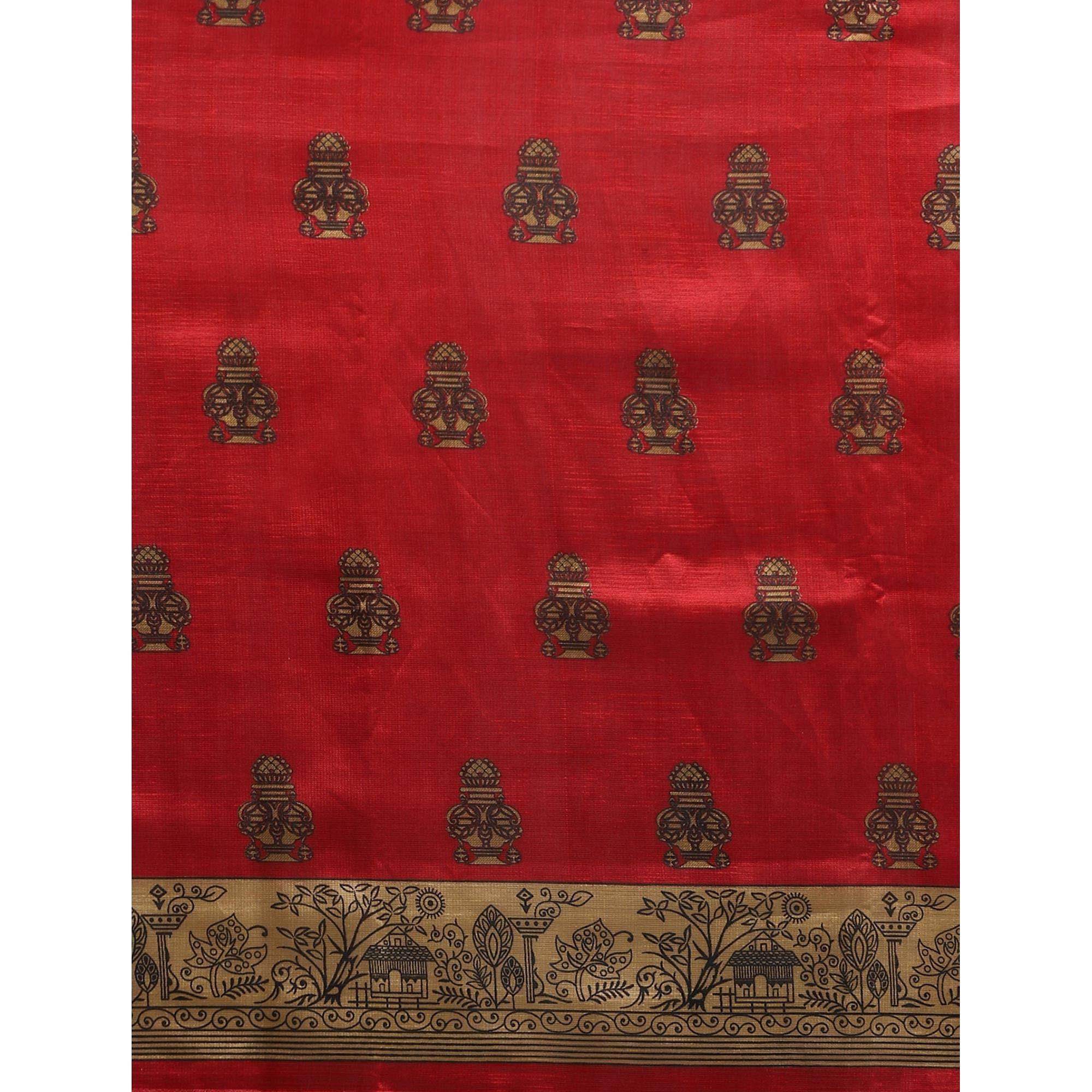 Sensational Red Colored Festive Wear Printed Poly Silk Saree - Peachmode