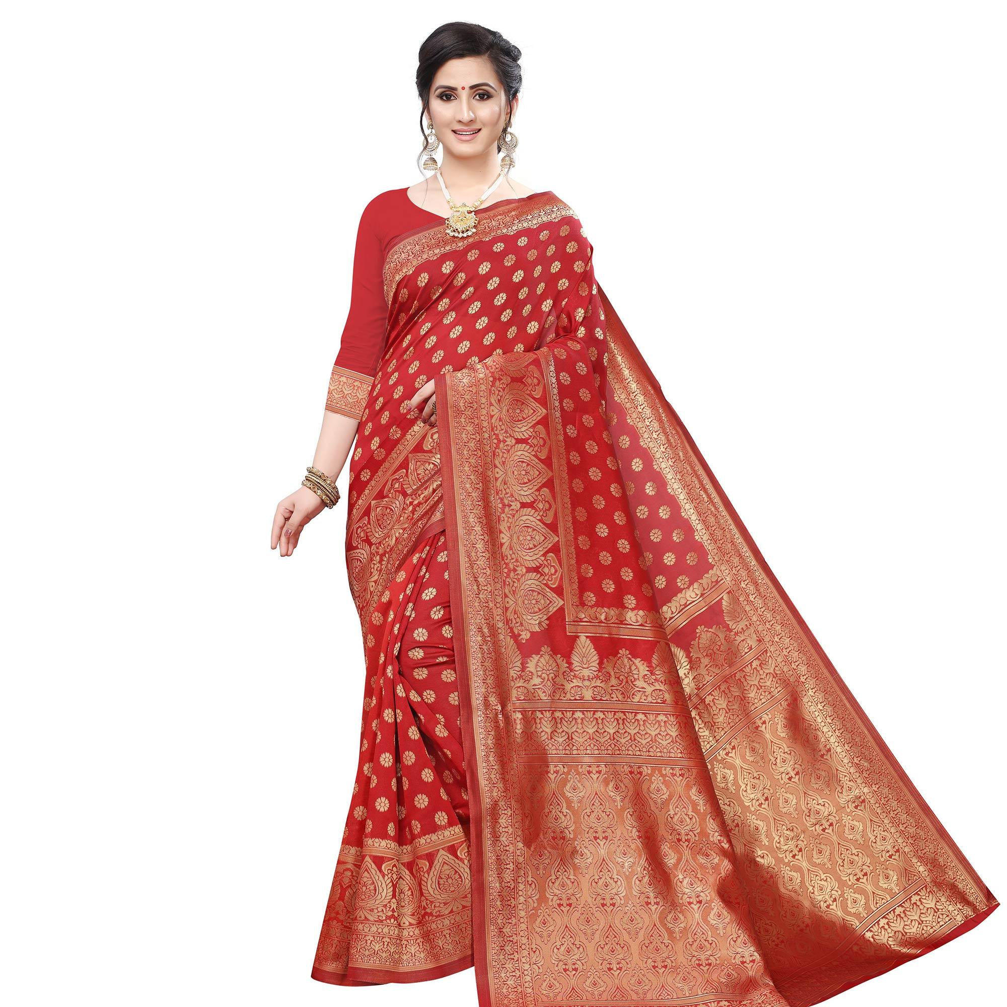Sensational Red Colored Festive Wear Woven Art Silk Saree - Peachmode