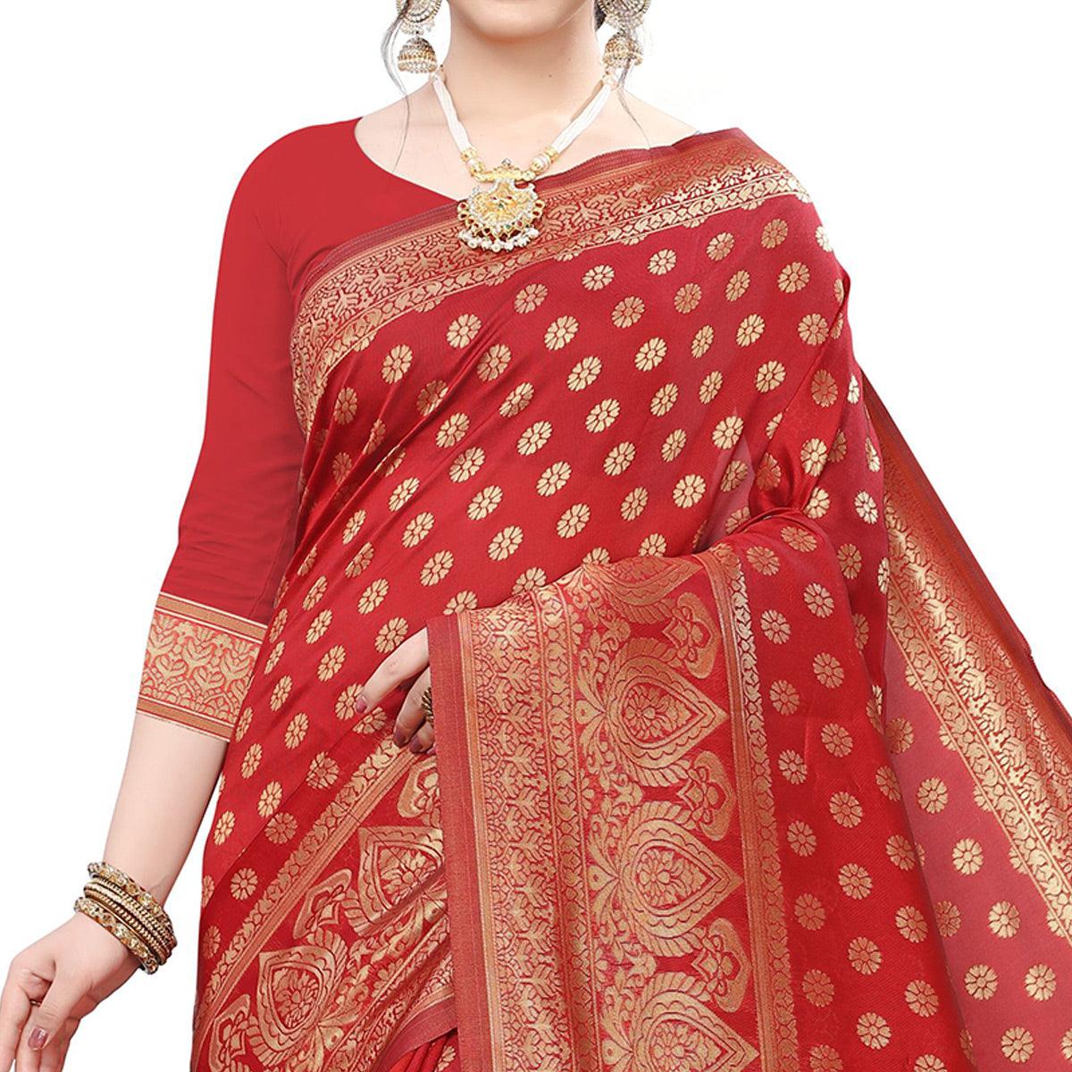 Sensational Red Colored Festive Wear Woven Art Silk Saree - Peachmode