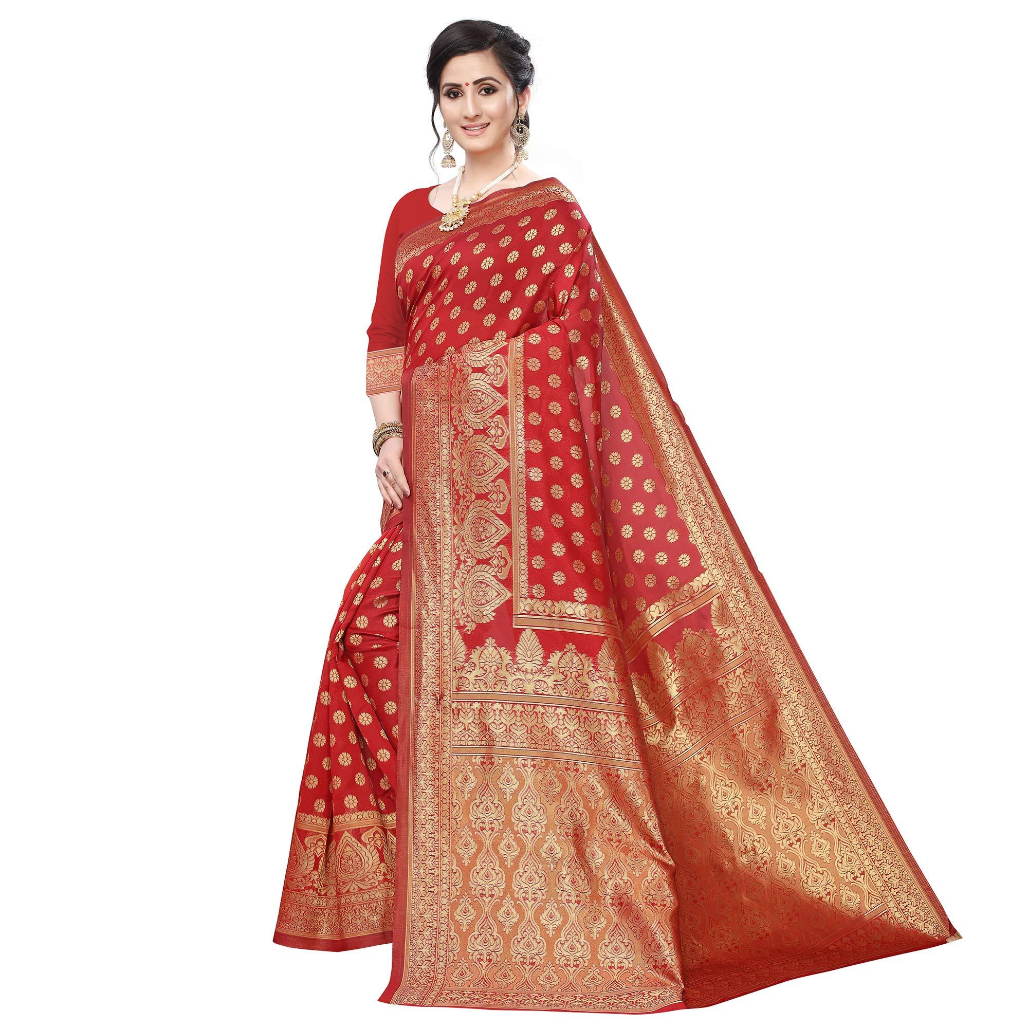 Sensational Red Colored Festive Wear Woven Art Silk Saree - Peachmode