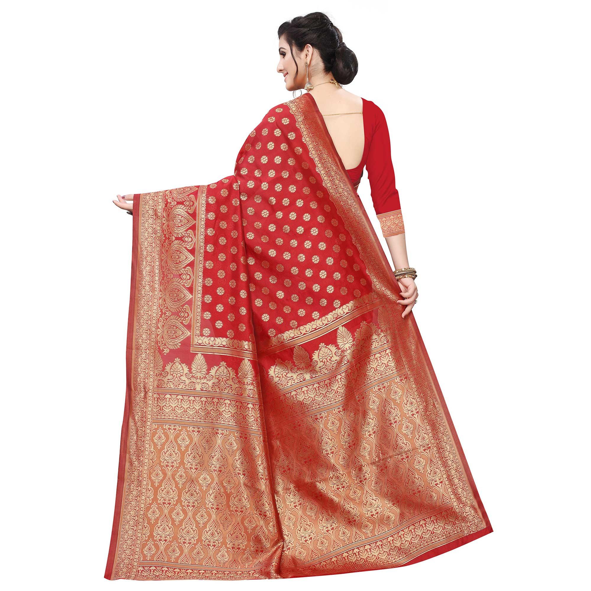 Sensational Red Colored Festive Wear Woven Art Silk Saree - Peachmode