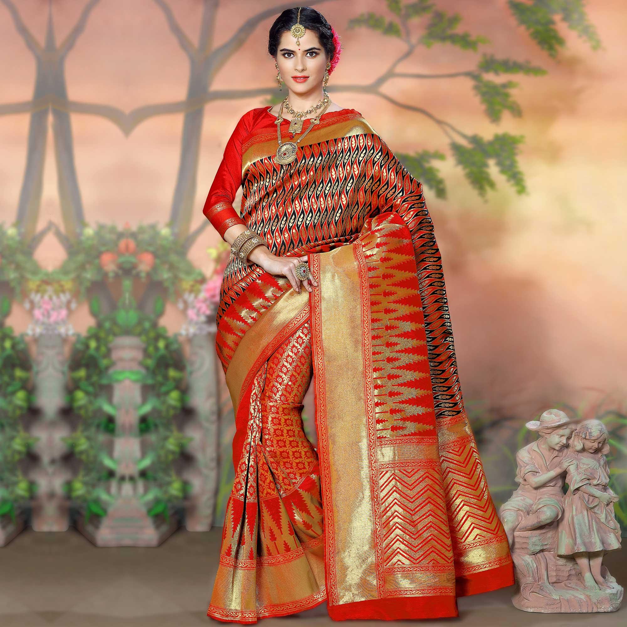 Sensational Red Colored Festive Wear Woven Crystal Silk Saree - Peachmode