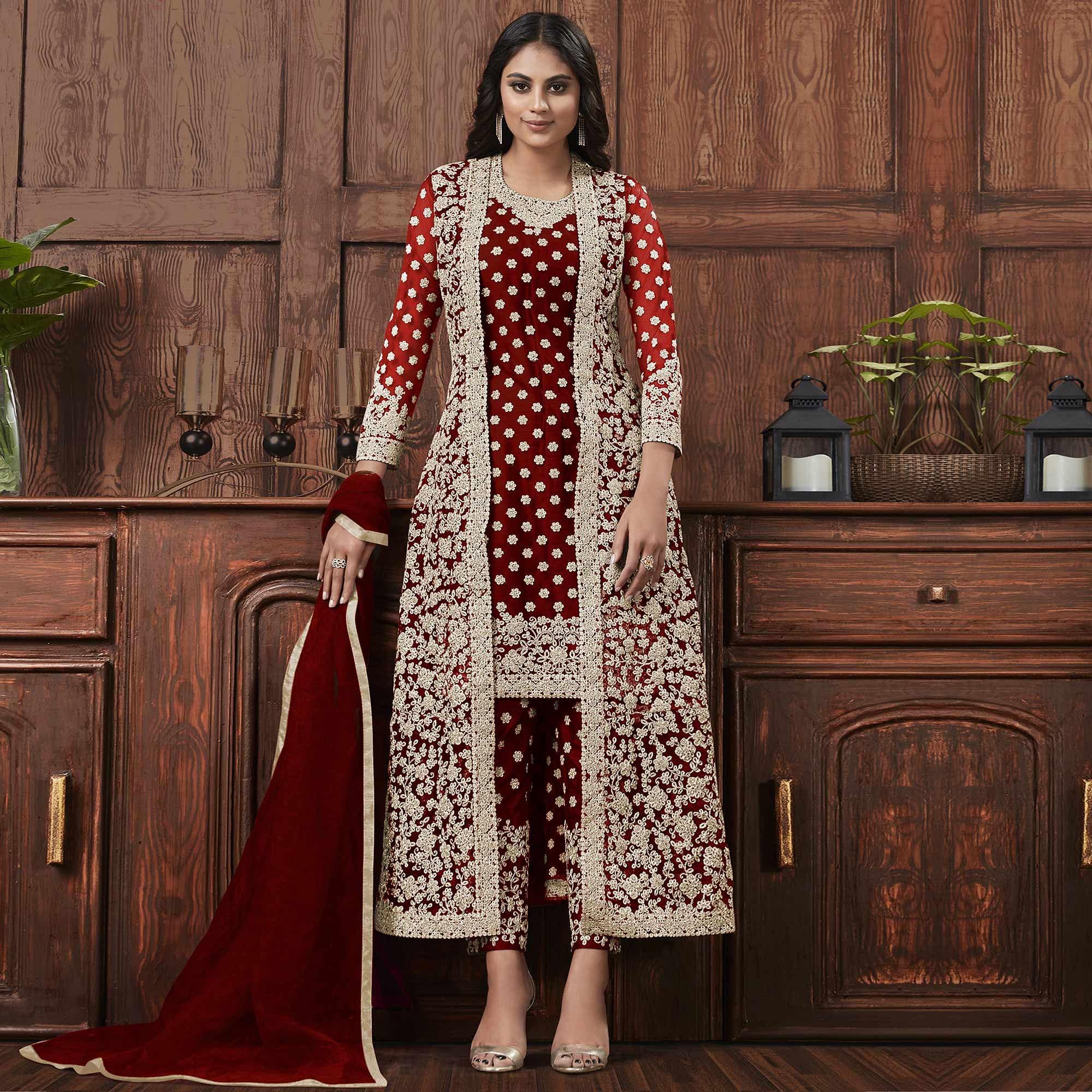 Sensational Red Coloured Partywear Embroidered Butterfly Net Pakistani Straight Suit - Peachmode