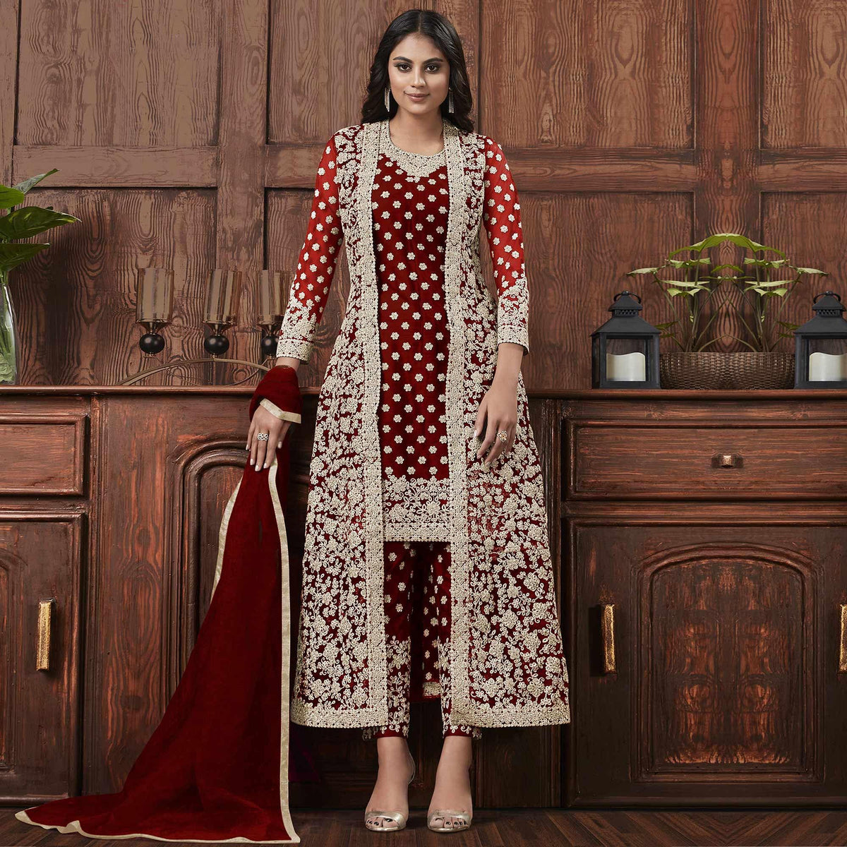 Embroidered Silk Ladies Long Straight Suit, Brown at Rs 700 in Surat