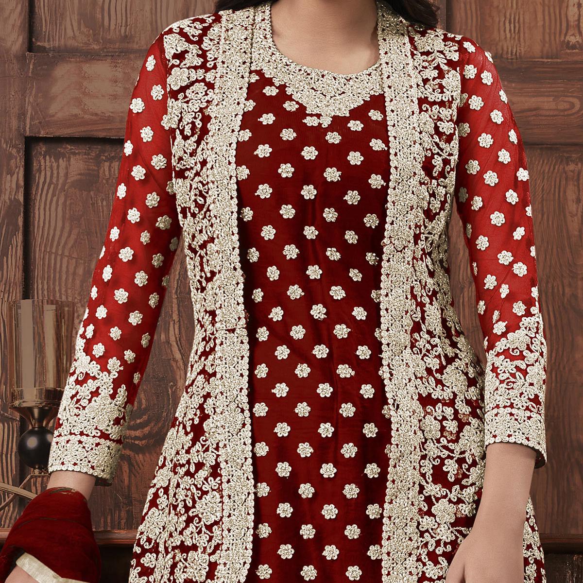 Sensational Red Coloured Partywear Embroidered Butterfly Net Pakistani Straight Suit - Peachmode