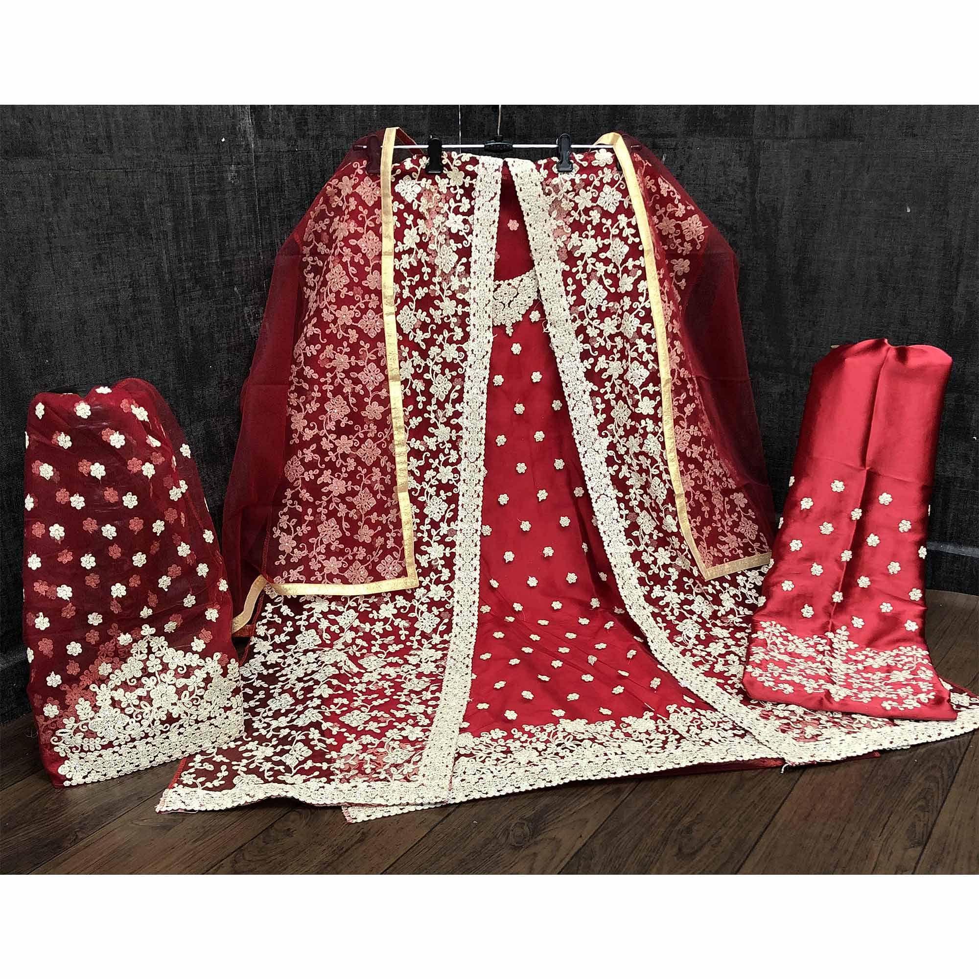 Sensational Red Coloured Partywear Embroidered Butterfly Net Pakistani Straight Suit - Peachmode