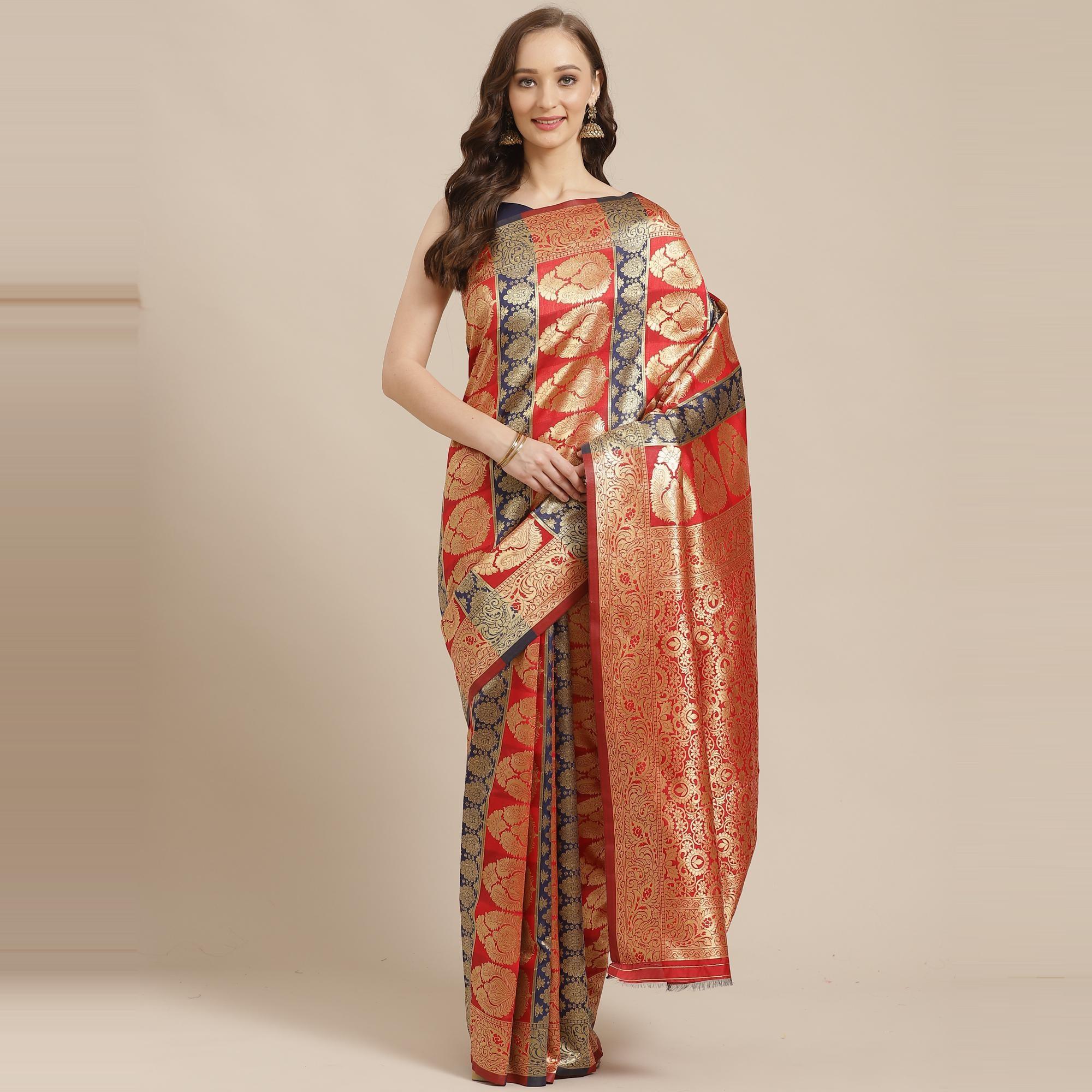 Sensational Red - Navy Blue Colored Festive Wear Woven Silk Blend Saree - Peachmode