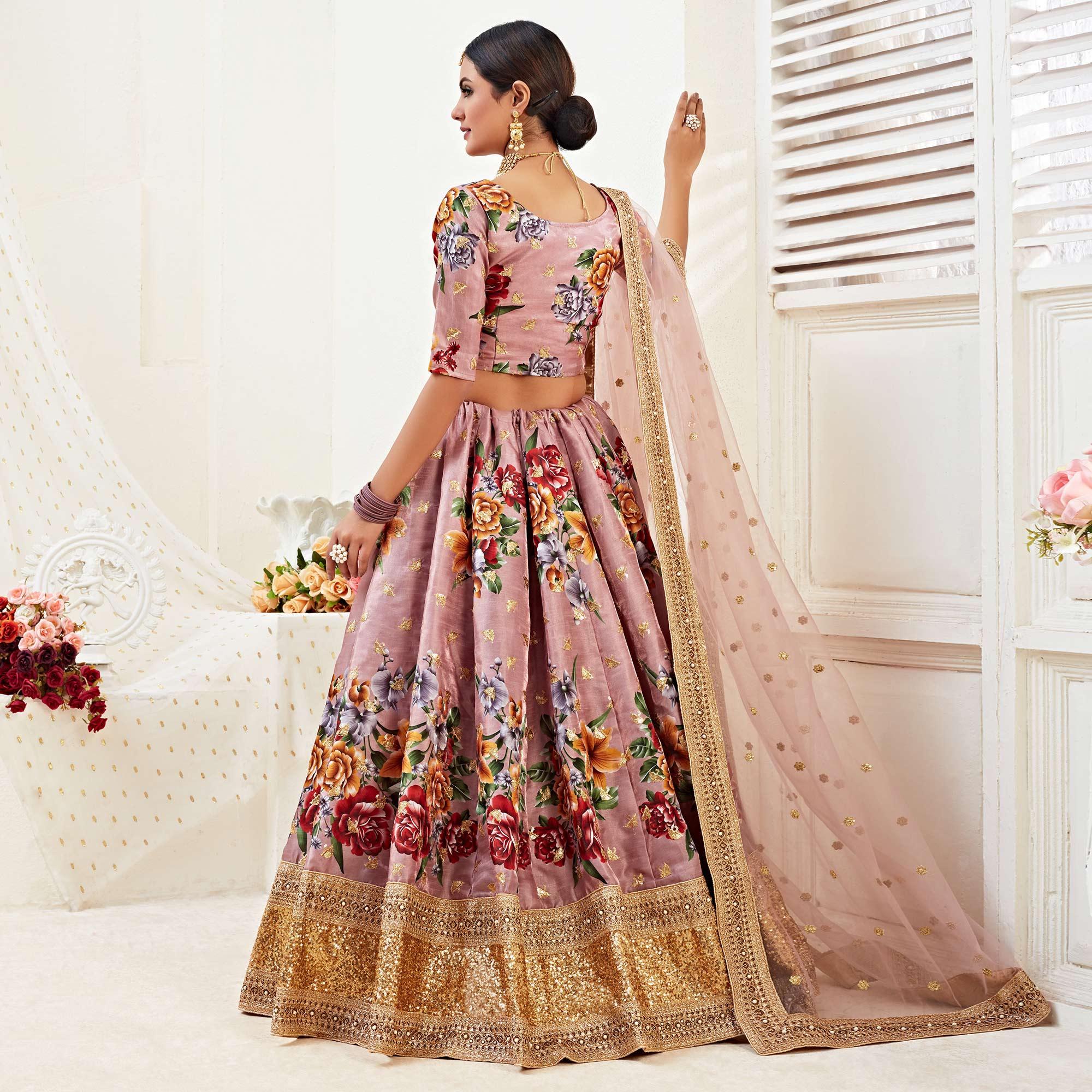 Sensational Rosy Brown Colored Designer Wedding Wear Floral Printed Banglori Satin Lehenga Choli - Peachmode