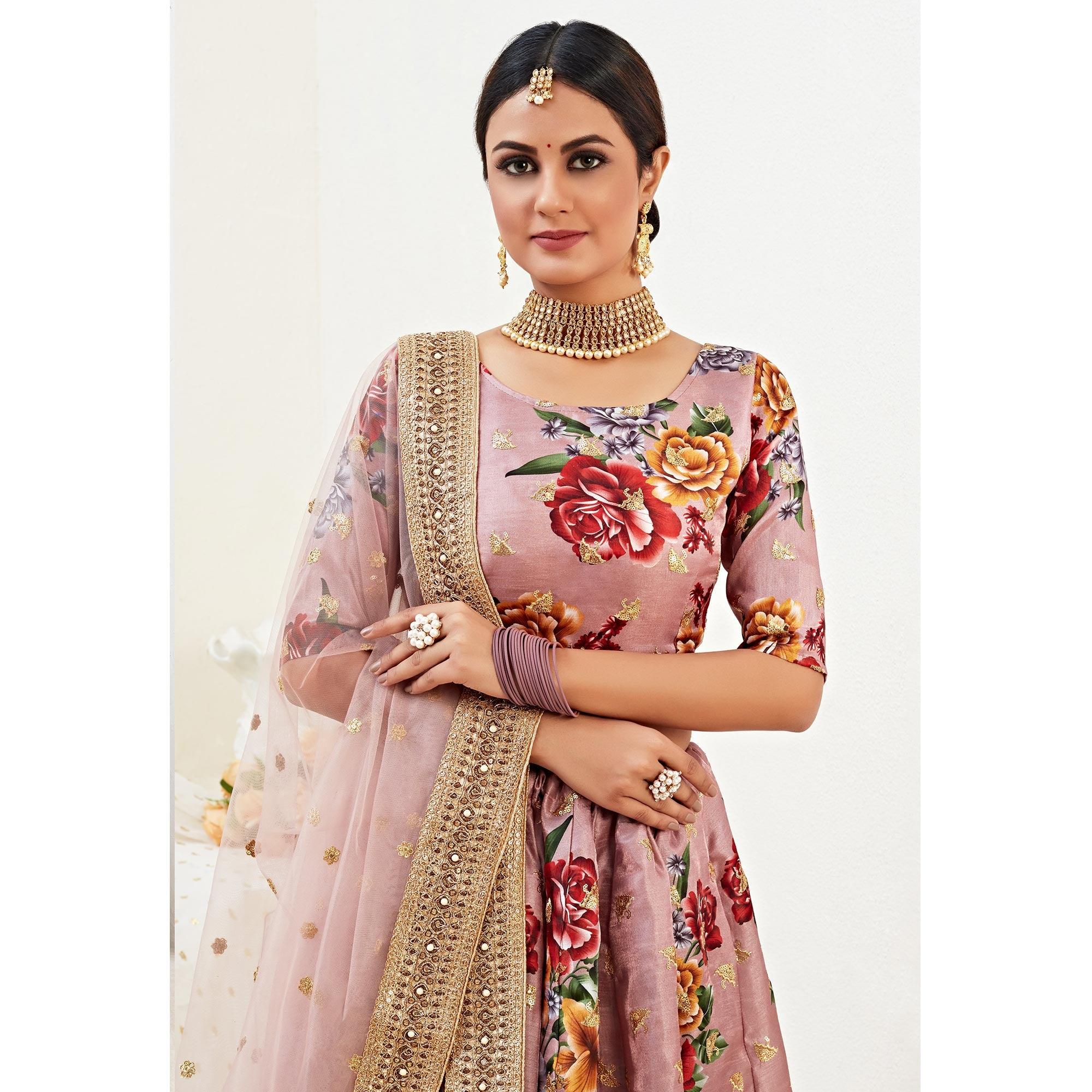 Sensational Rosy Brown Colored Designer Wedding Wear Floral Printed Banglori Satin Lehenga Choli - Peachmode