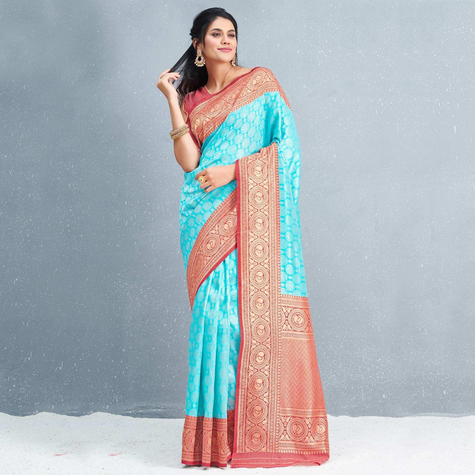 Sensational Sky Blue Colored Festive Wear Woven Silk Saree - Peachmode