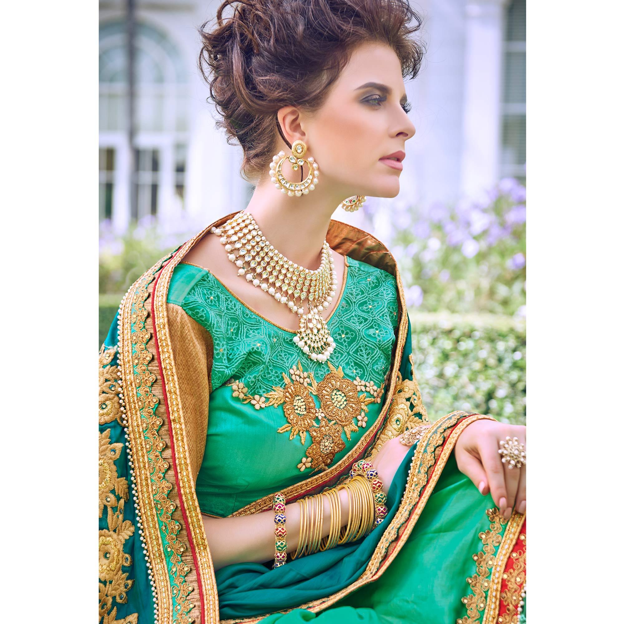 Sensational Turquoise Green Colored Partywear Embroidered Art Silk-Georgette Half-Half Saree - Peachmode