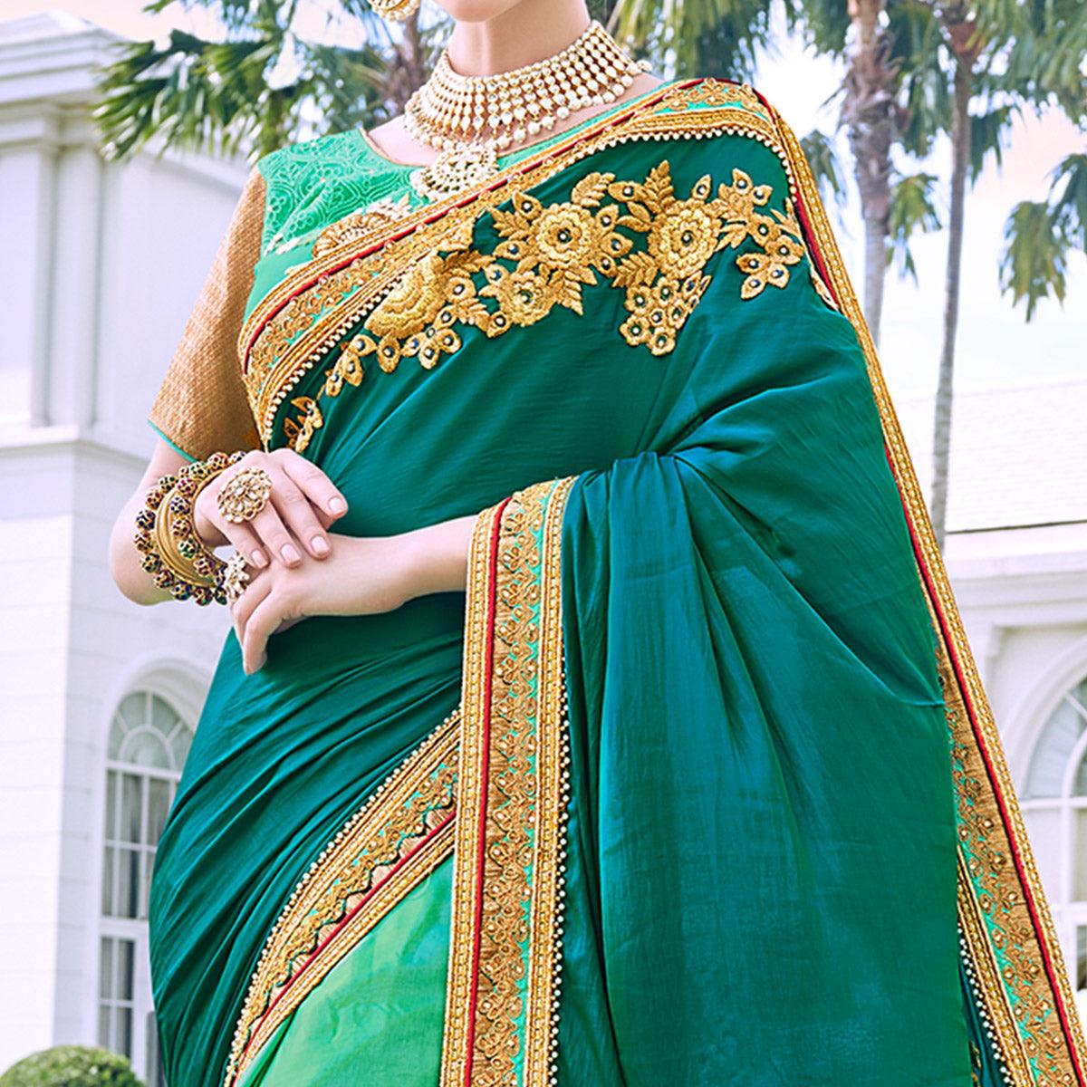 Sensational Turquoise Green Colored Partywear Embroidered Art Silk-Georgette Half-Half Saree - Peachmode