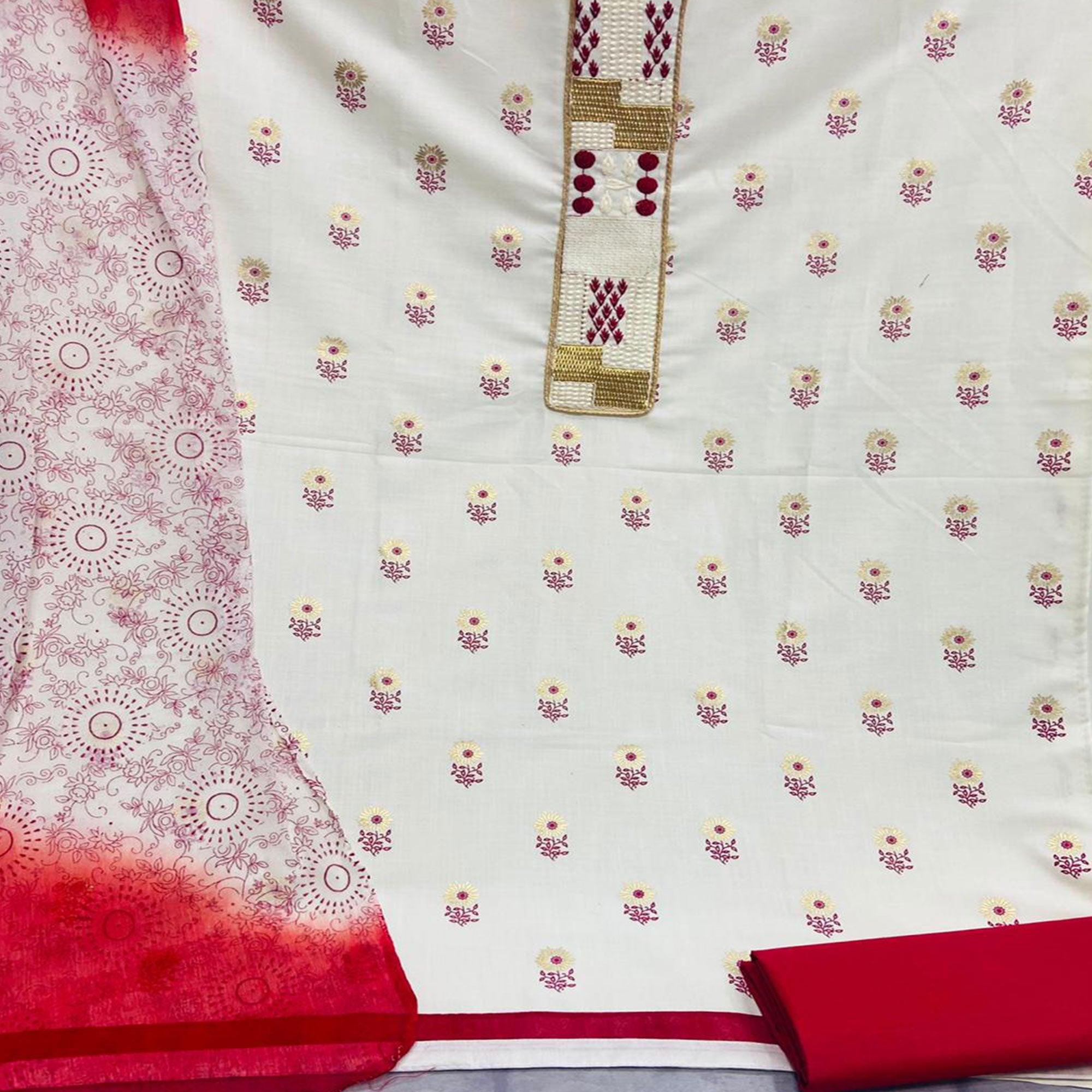 Sensational White - Red Colored Casual Wear Embroidered Cotton Dress Material - Peachmode