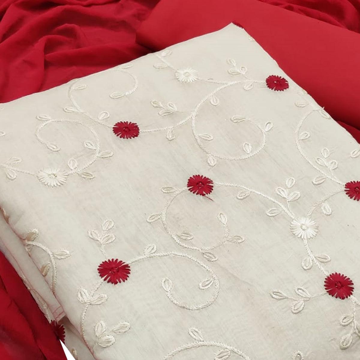 Sensational White - Red Colored Casual Wear Embroidered Modal Dress Material - Peachmode