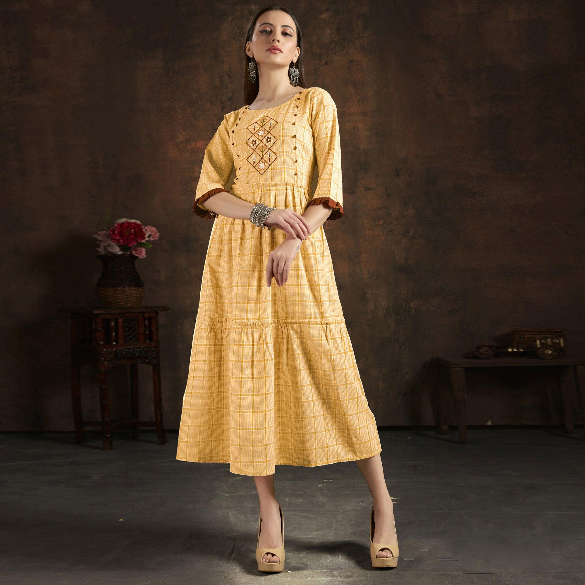 Sensational Yellow Colored Casual Printed Hand Embroidered Pure Cotton Kurti - Peachmode