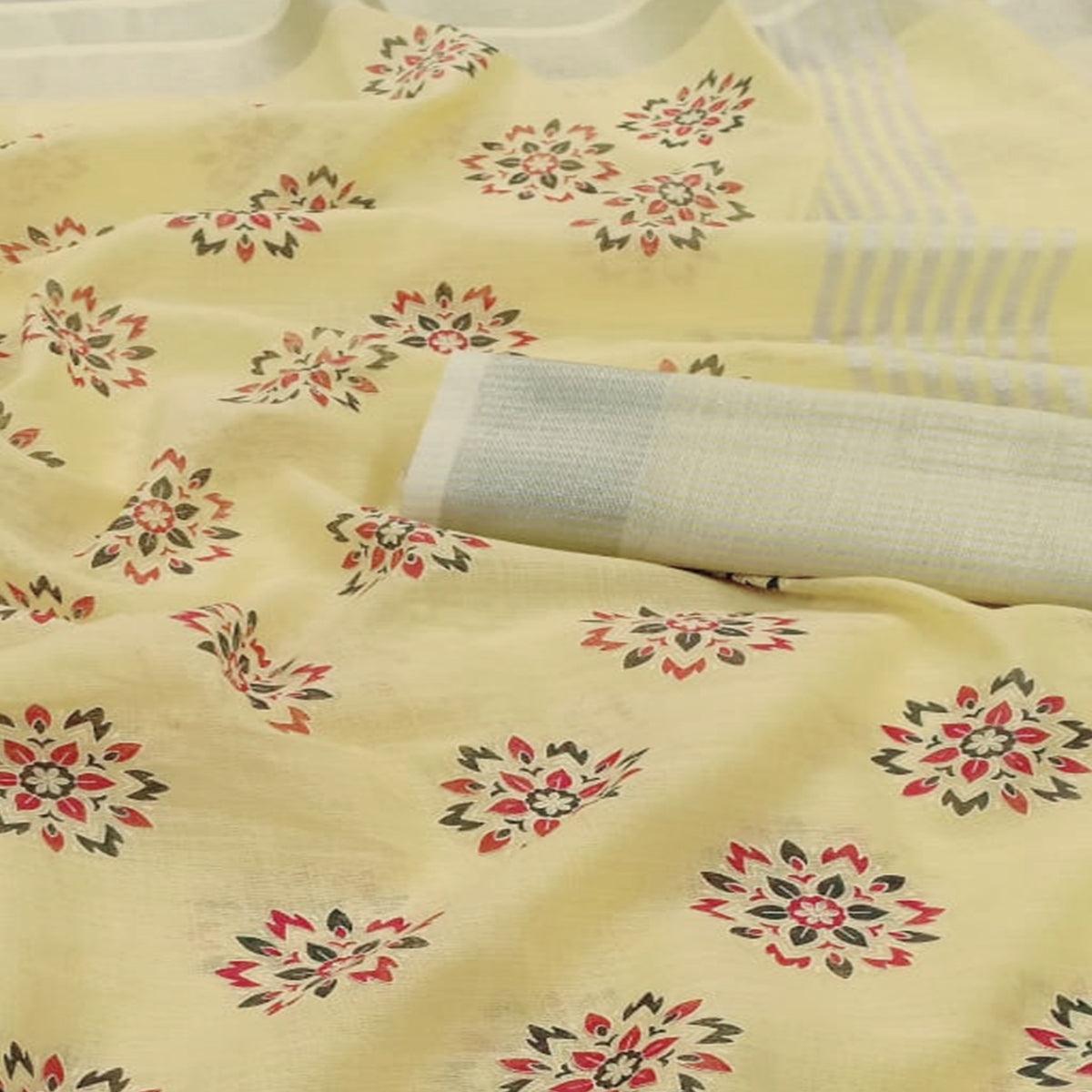 Sensational Yellow Colored Partywear Block Printed Pure Linen Saree - Peachmode