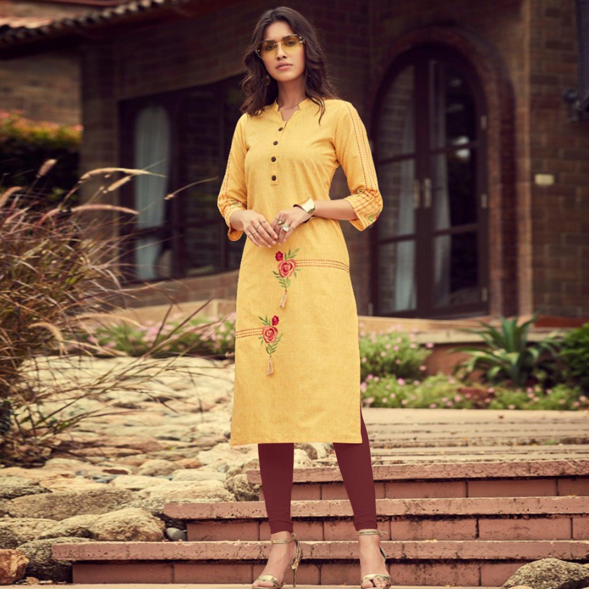 Sensational Yellow Colored Partywear Embroidered Cotton Slub Kurti-Pant Set - Peachmode