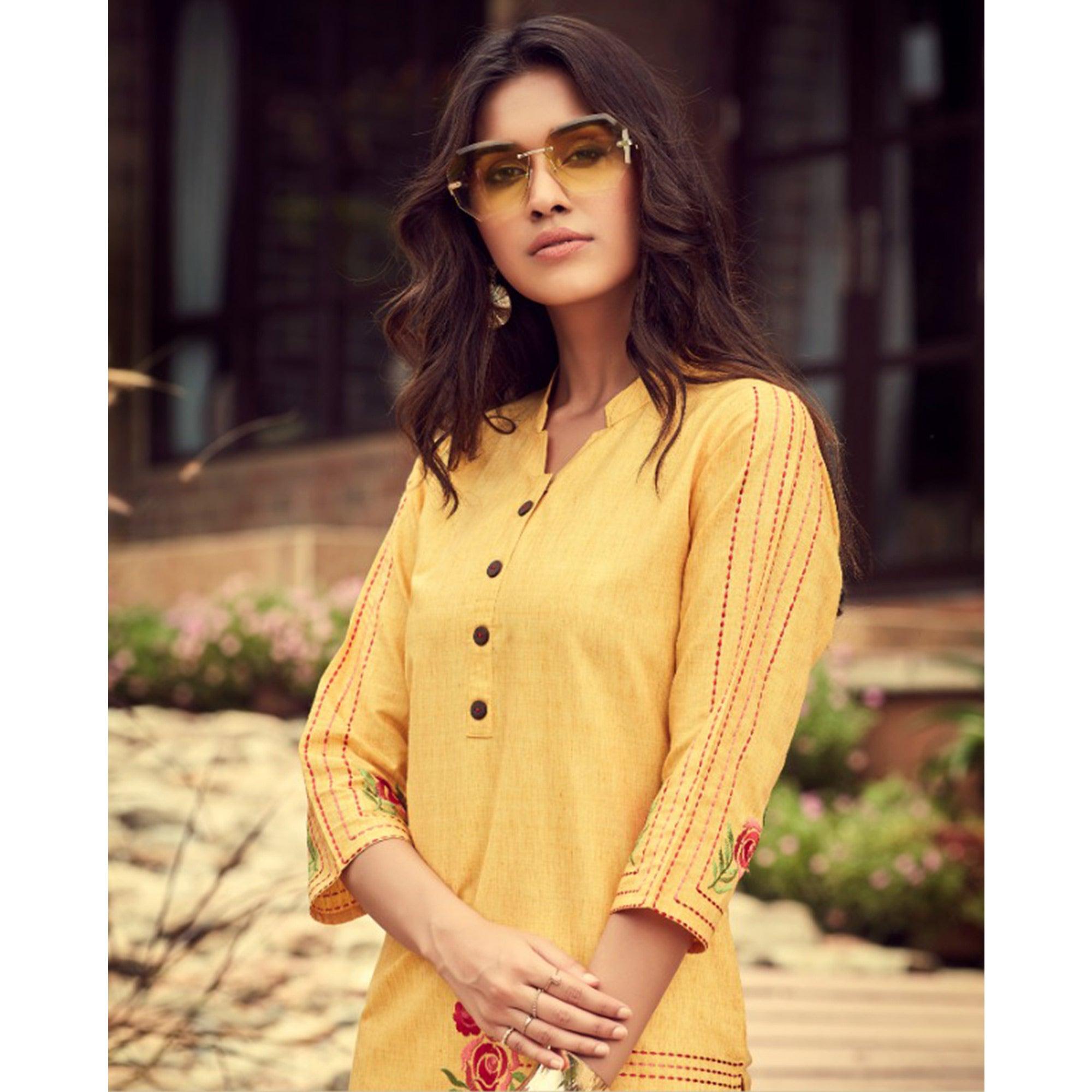 Sensational Yellow Colored Partywear Embroidered Cotton Slub Kurti-Pant Set - Peachmode