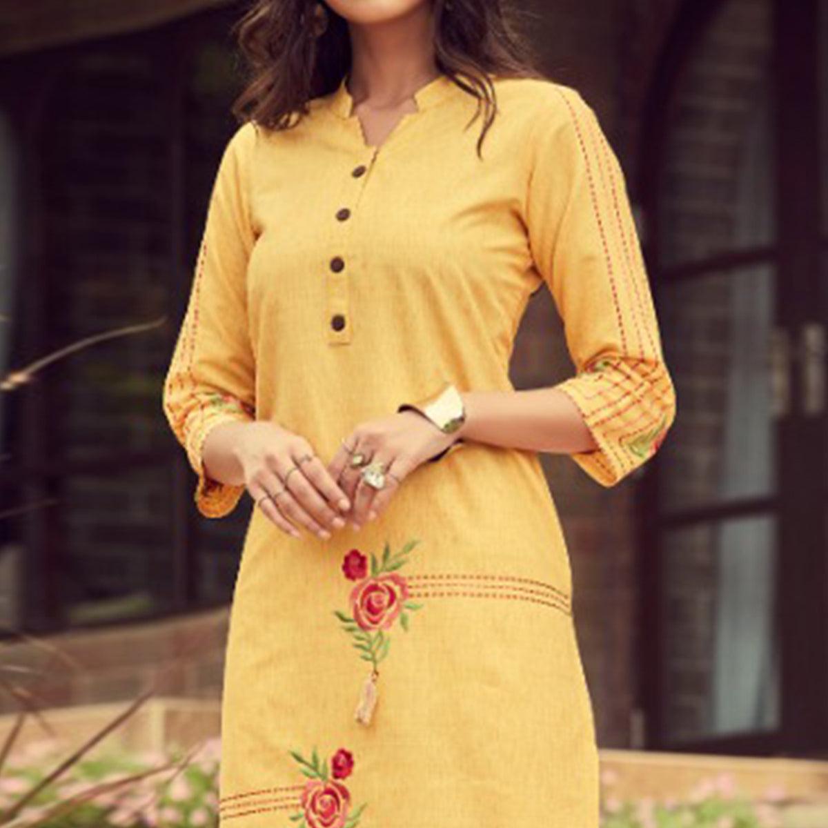 Sensational Yellow Colored Partywear Embroidered Cotton Slub Kurti-Pant Set - Peachmode