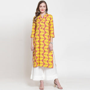 Sensational Yellow-Pink Colored Casual Printed Rayon Kurti - Peachmode