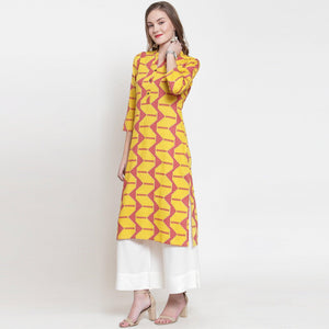 Sensational Yellow-Pink Colored Casual Printed Rayon Kurti - Peachmode