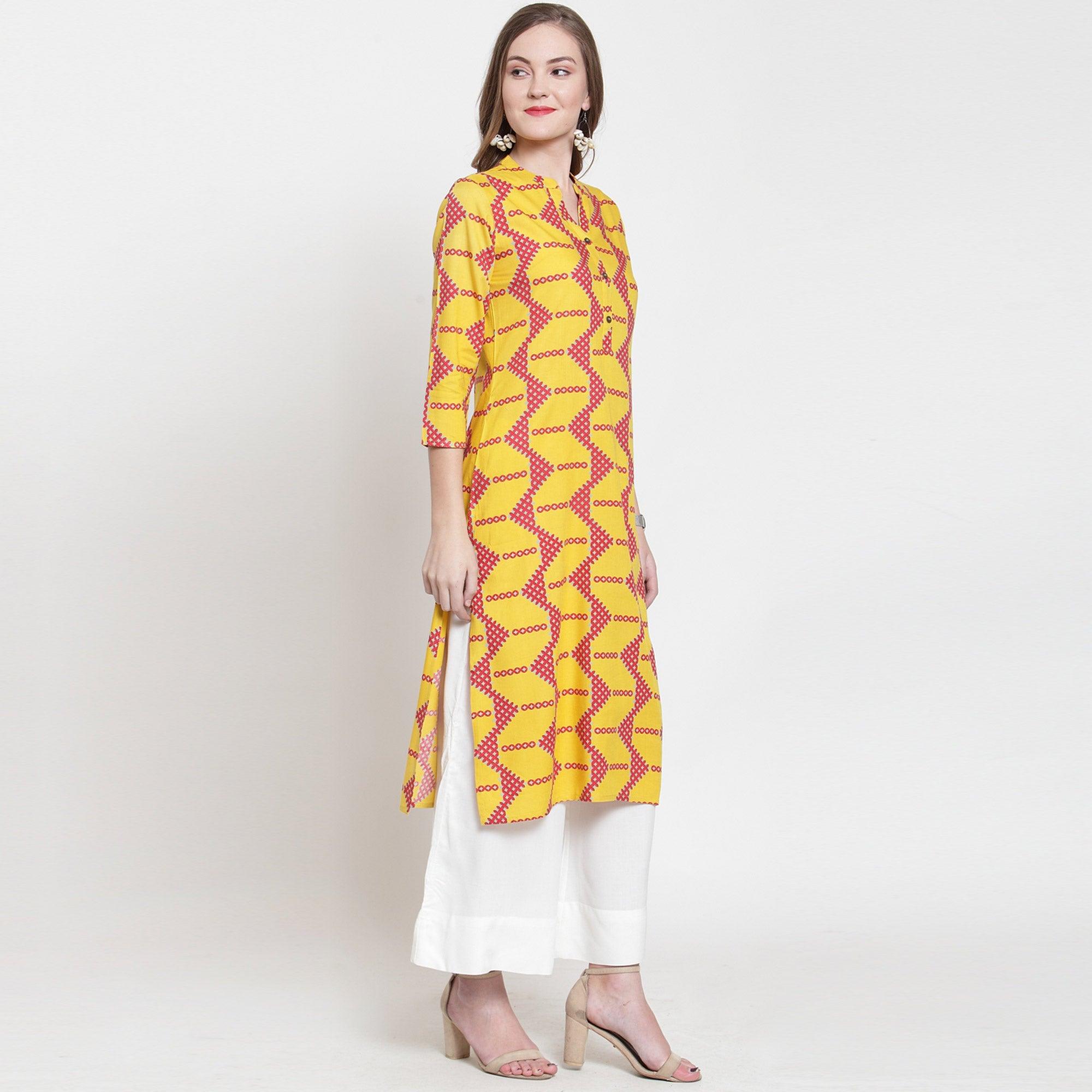 Sensational Yellow-Pink Colored Casual Printed Rayon Kurti - Peachmode