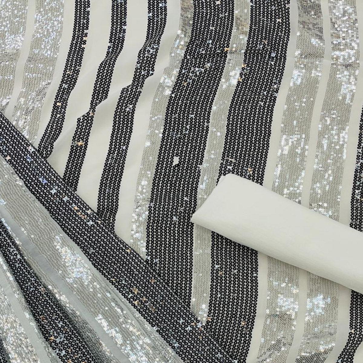 Silver-Black Partywear Sequence Embroidered Georgette Saree - Peachmode