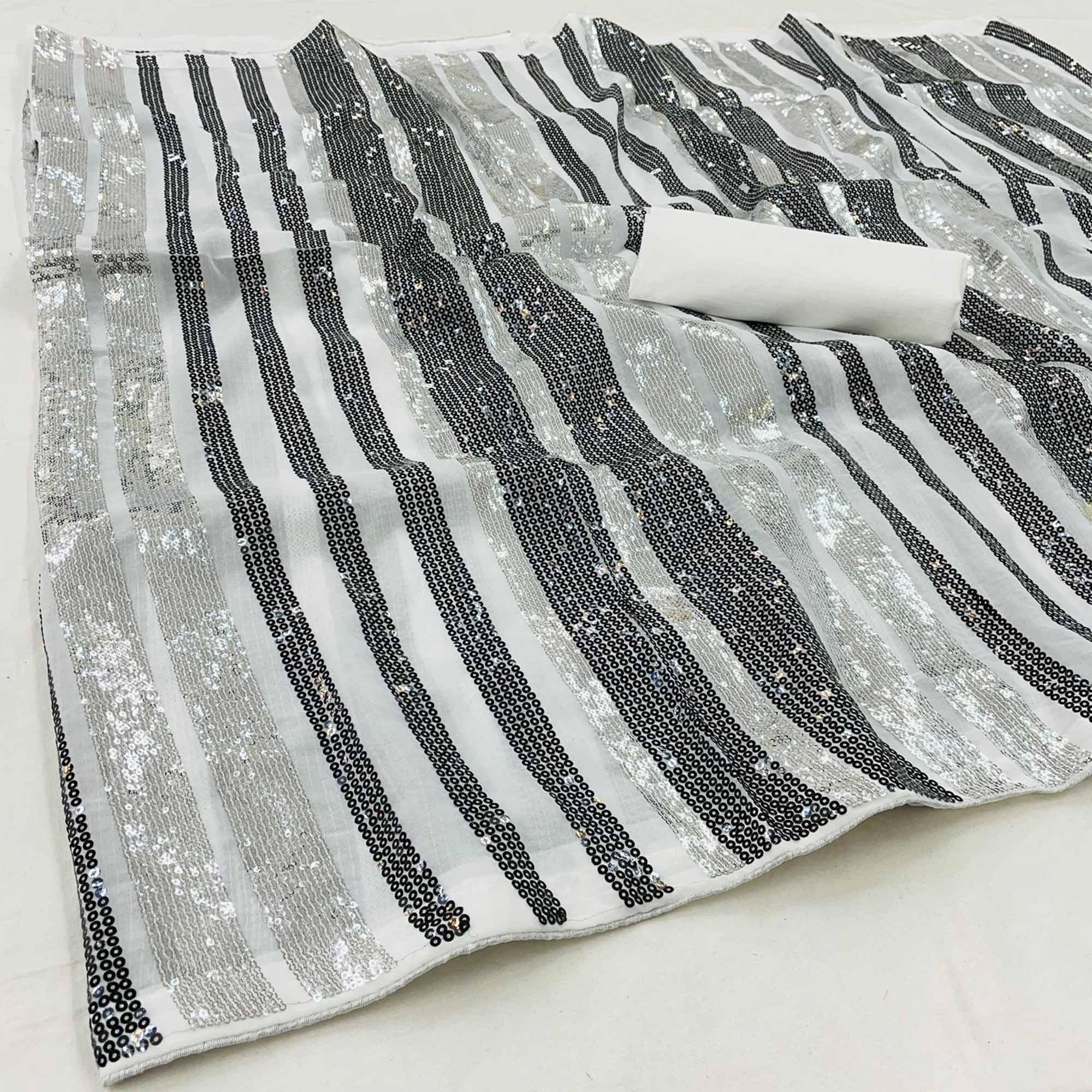 Silver-Black Partywear Sequence Embroidered Georgette Saree - Peachmode
