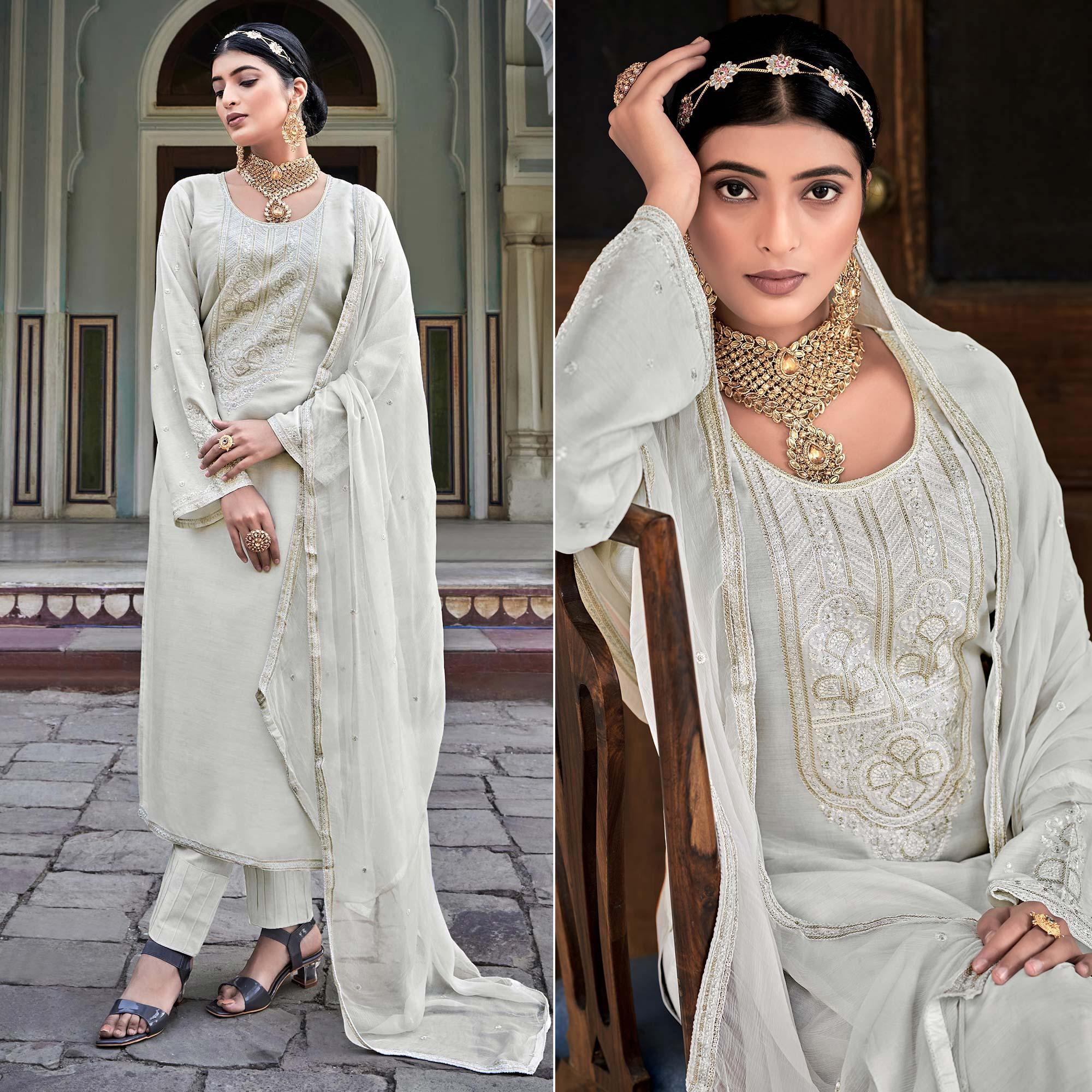 Silver Embroidered Cotton Silk Suit - Peachmode