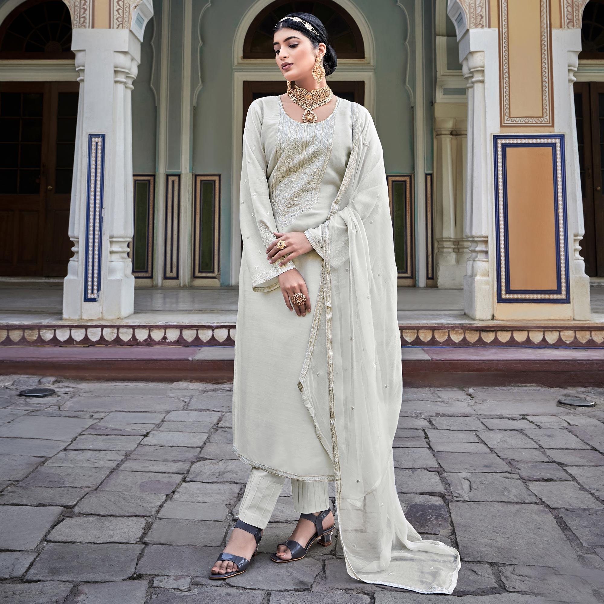 Silver Embroidered Cotton Silk Suit - Peachmode