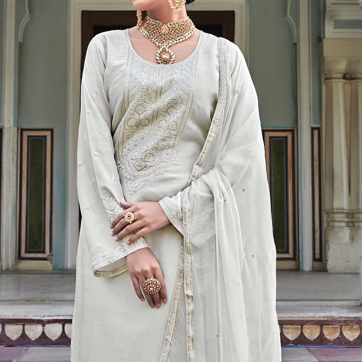 Silver Embroidered Cotton Silk Suit - Peachmode