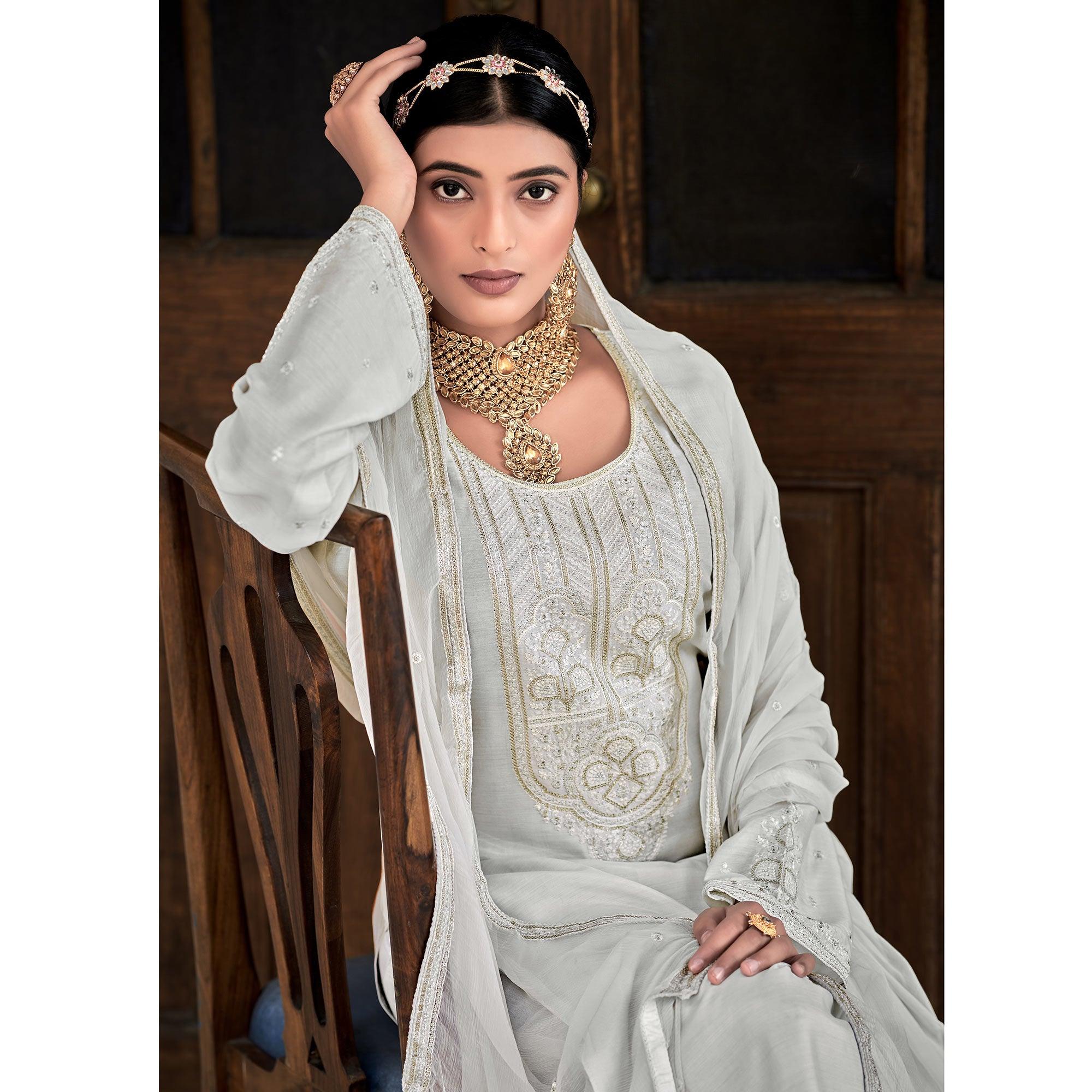 Silver Embroidered Cotton Silk Suit - Peachmode