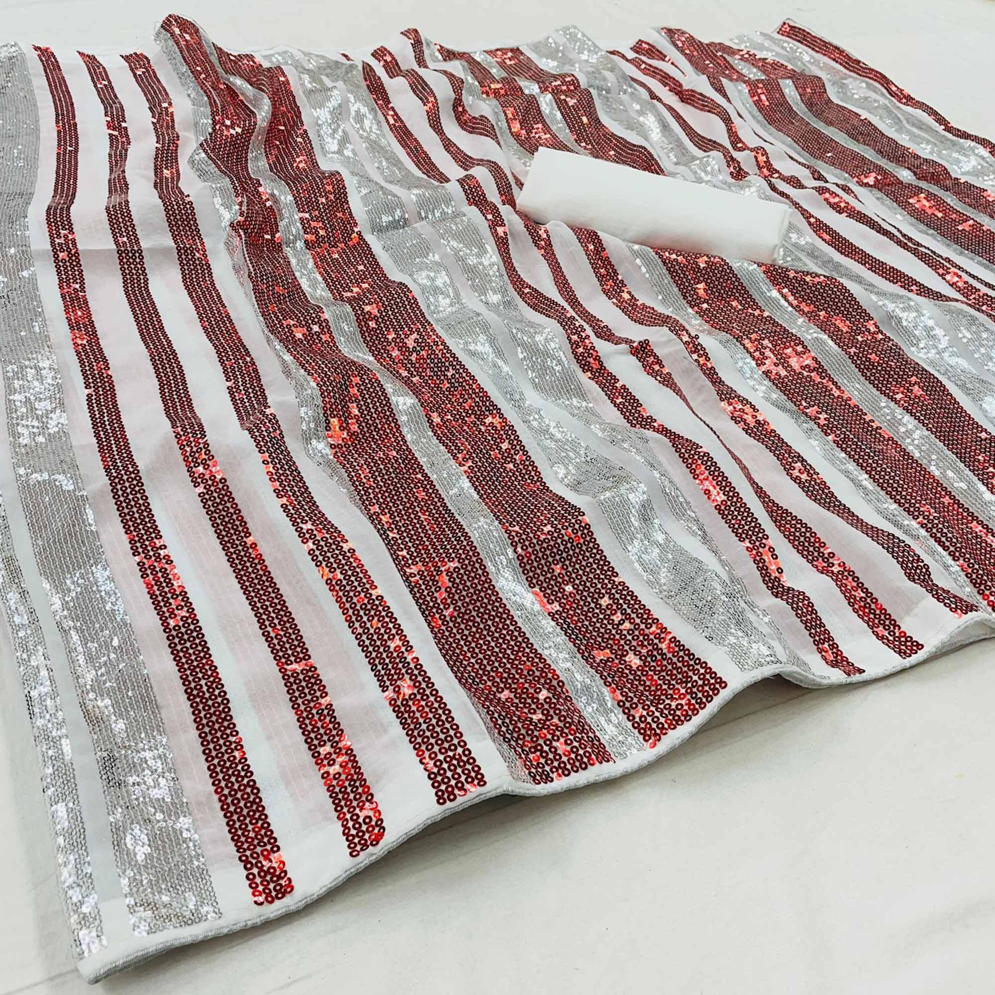 Silver-Red Partywear Sequence Embroidered Georgette Saree - Peachmode