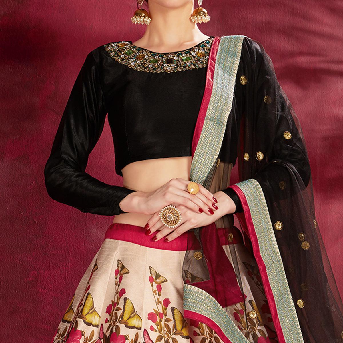 Sizzling Black-Cream Designer Digital Print And Embroidered Banglori Silk Lehenga Choli - Peachmode