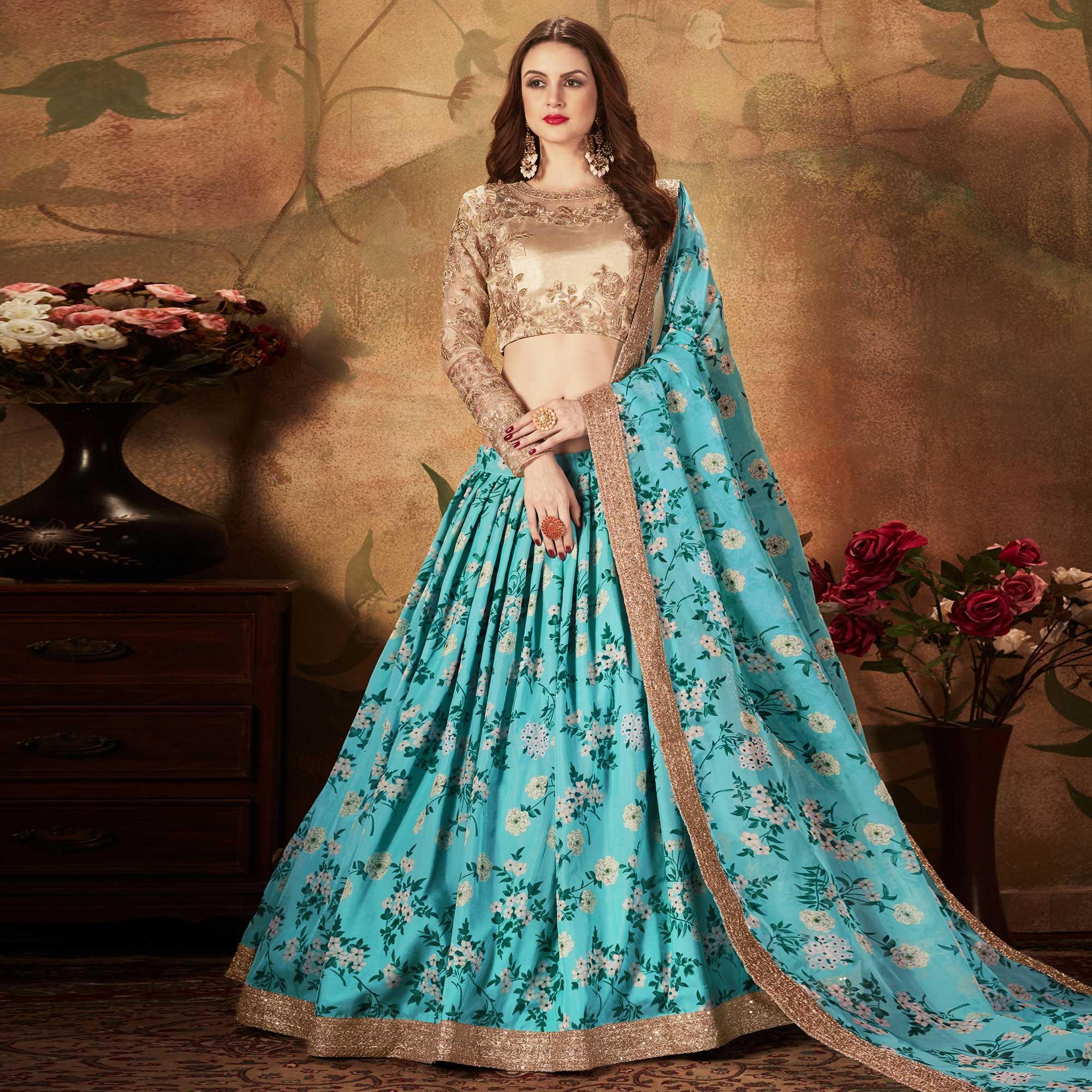 Sky Blue & Beige Partywear Floral Print With Sequins Embroidery Organza Lehenga Choli - Peachmode