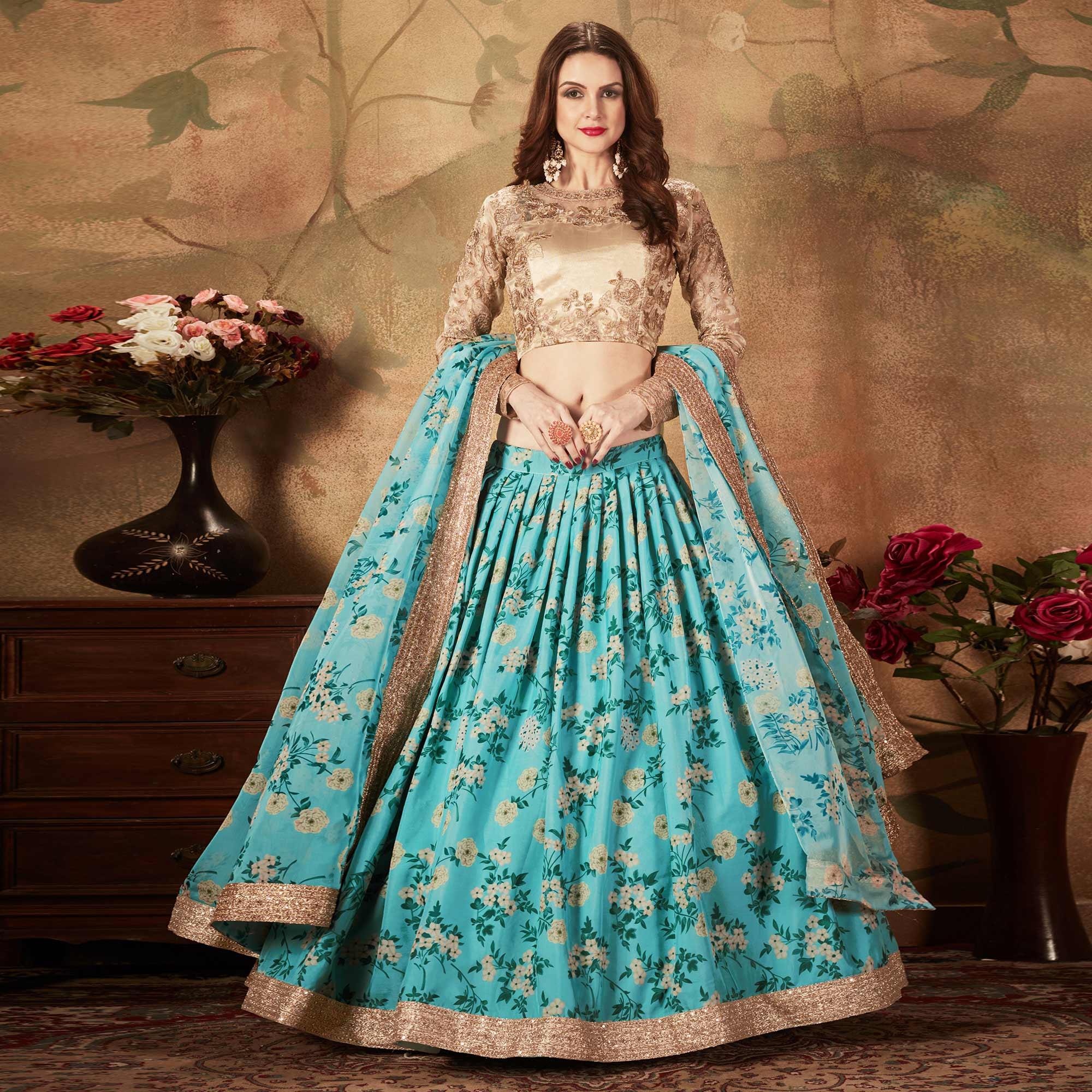 Sky Blue & Beige Partywear Floral Print With Sequins Embroidery Organza Lehenga Choli - Peachmode