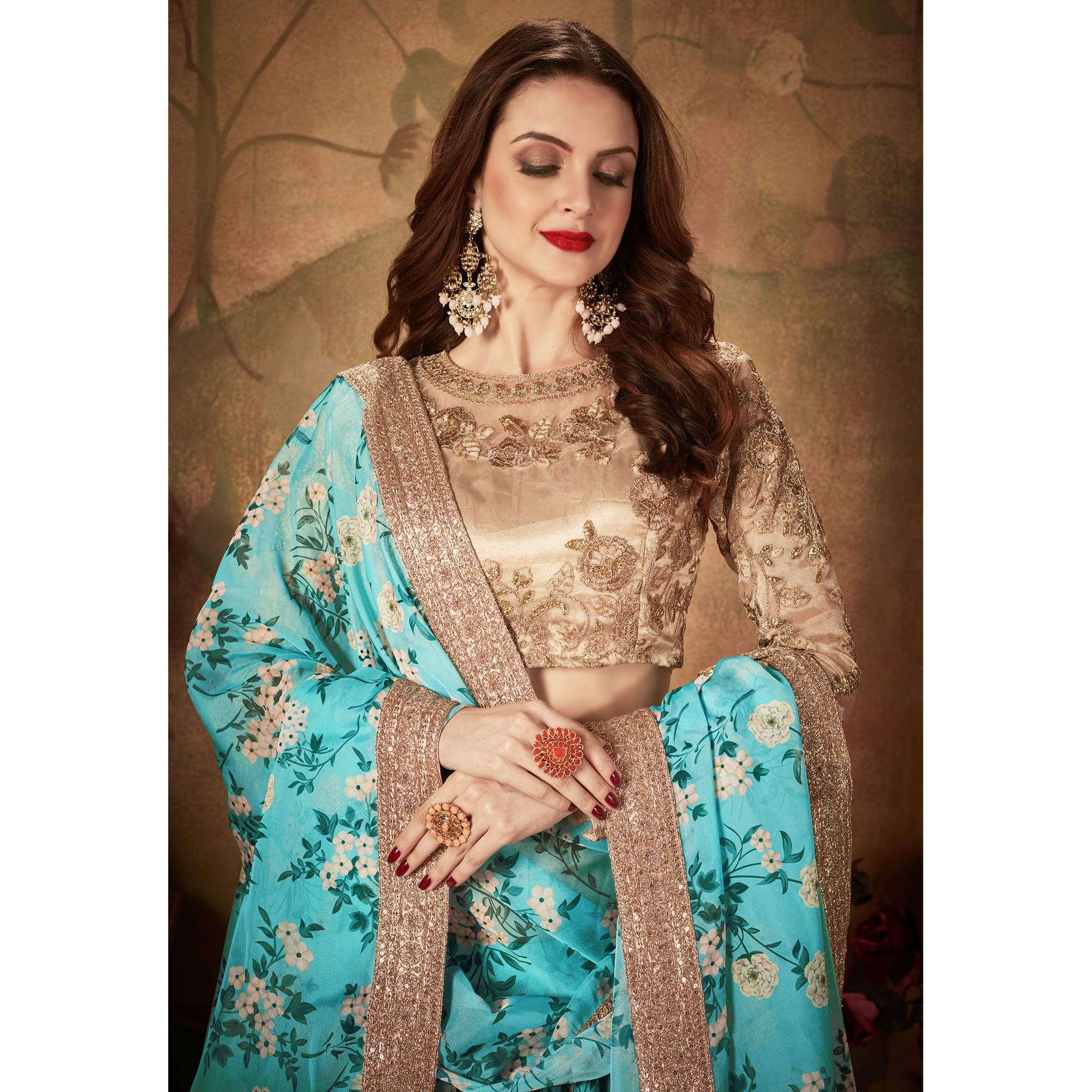 Sky Blue & Beige Partywear Floral Print With Sequins Embroidery Organza Lehenga Choli - Peachmode