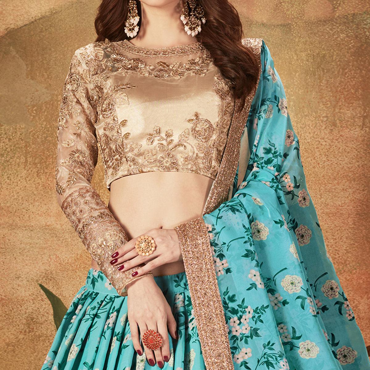 Sky Blue & Beige Partywear Floral Print With Sequins Embroidery Organza Lehenga Choli - Peachmode