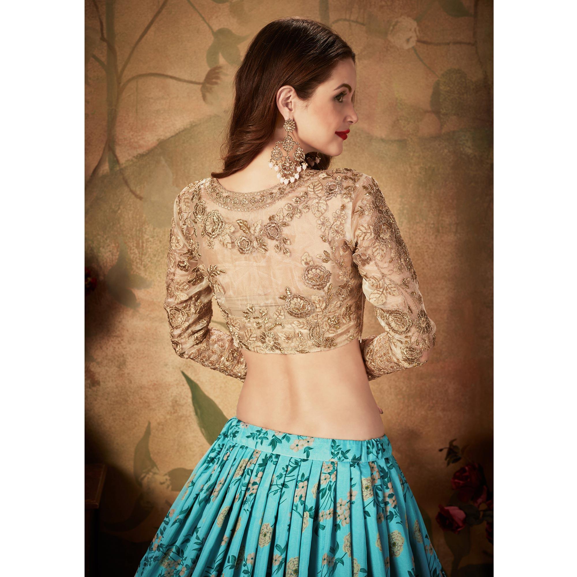 Sky Blue & Beige Partywear Floral Print With Sequins Embroidery Organza Lehenga Choli - Peachmode
