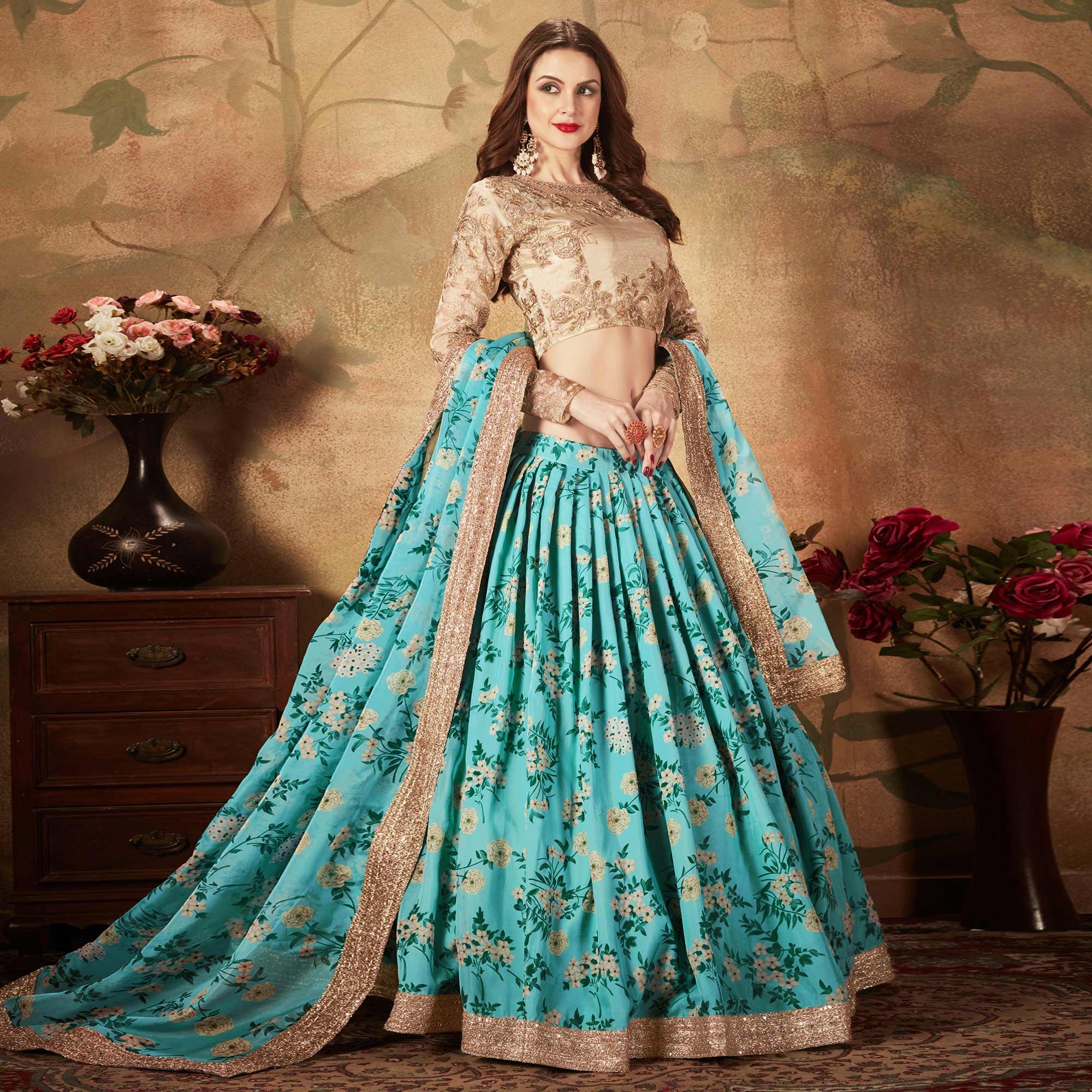 Sky Blue & Beige Partywear Floral Print With Sequins Embroidery Organza Lehenga Choli - Peachmode